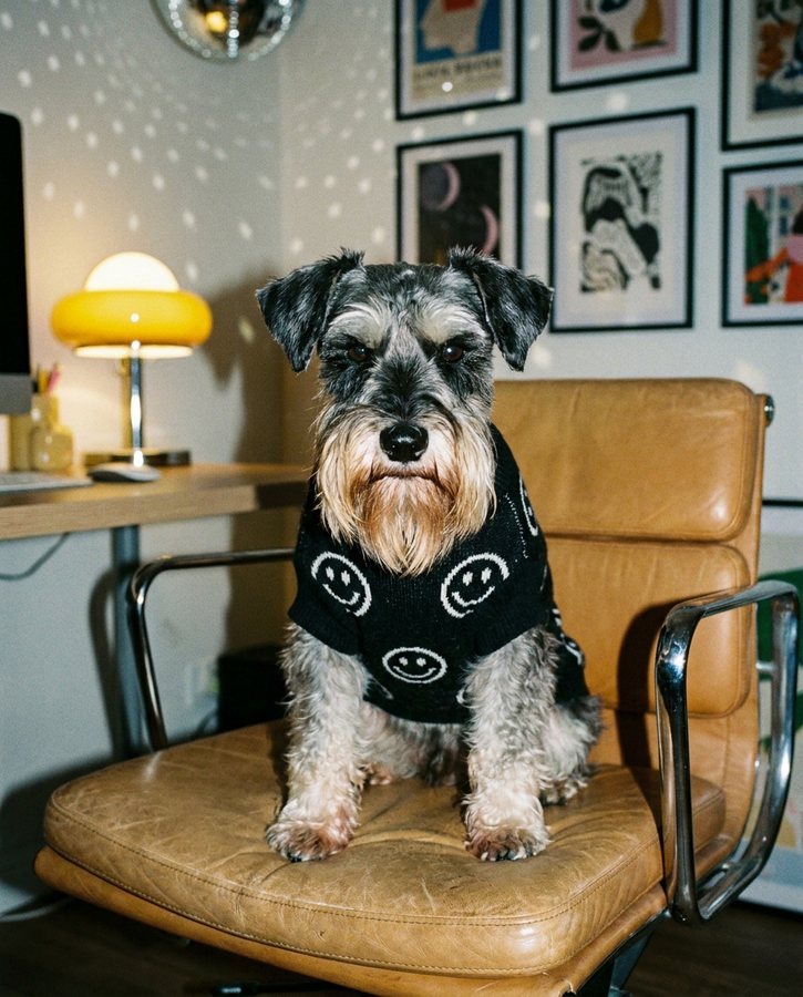 Buzz, a miniature schnauzer in a smiley-face jumper