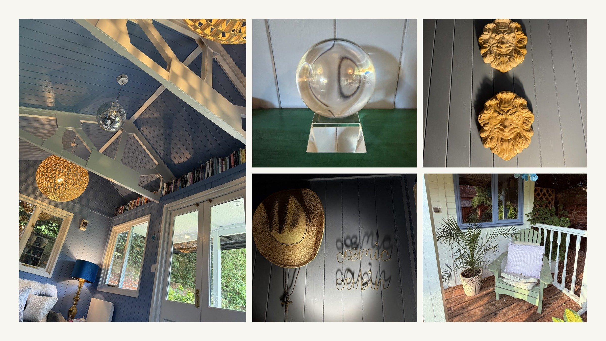 Five photographs of the Cosmic Cabin on cream: the vaulted ceiling with a mirror ball, a crystal ball, two green-man suns, a straw hat beside the wire cosmic cabin sign, and a porch chair