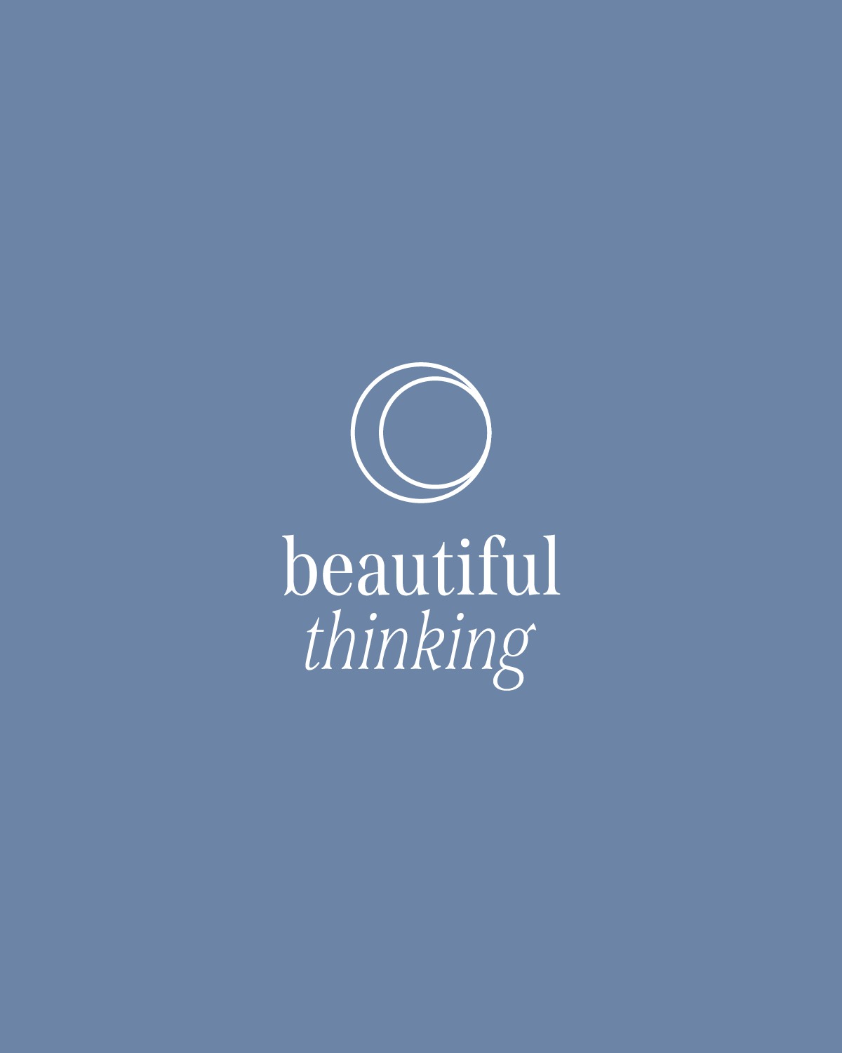 The 2025 Beautiful Thinking logo, a moon drawn in two rings over the wordmark, in white on dusty blue