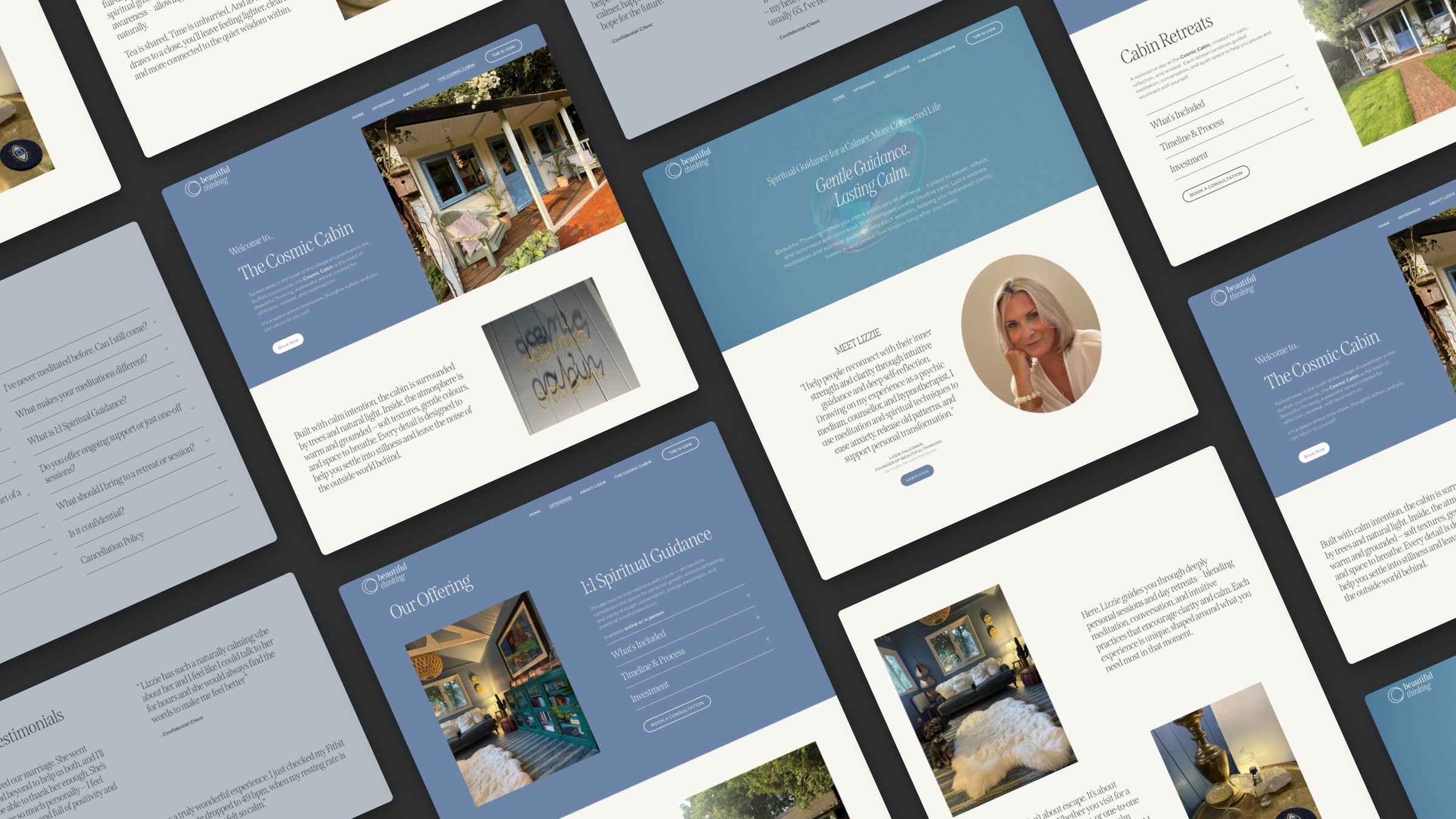 Live Beautiful Thinking pages laid on a diagonal, including the Cosmic Cabin, the FAQs and client testimonials