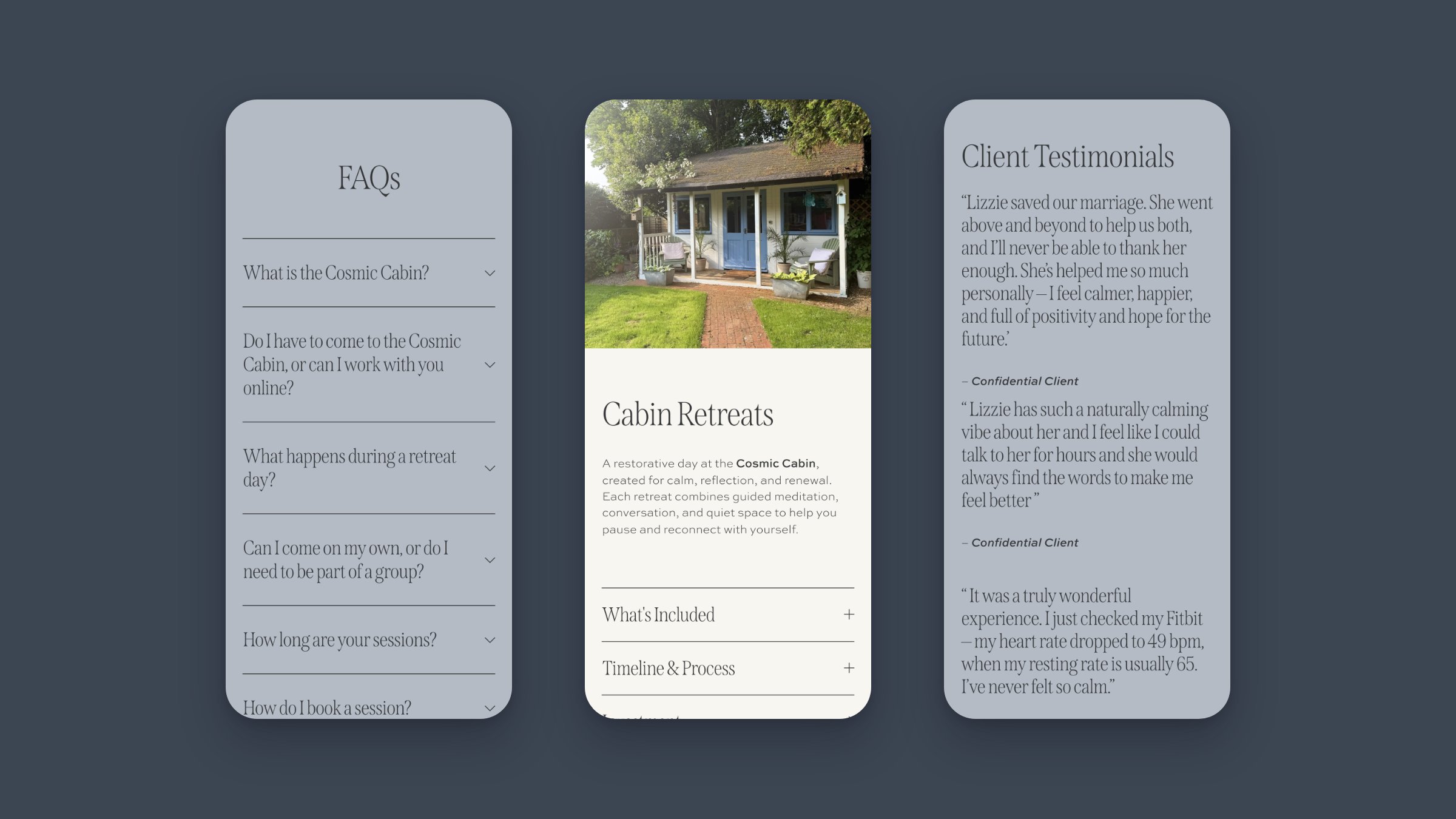 Three live Beautiful Thinking mobile screens on slate: the FAQs, Cabin Retreats and the client testimonials