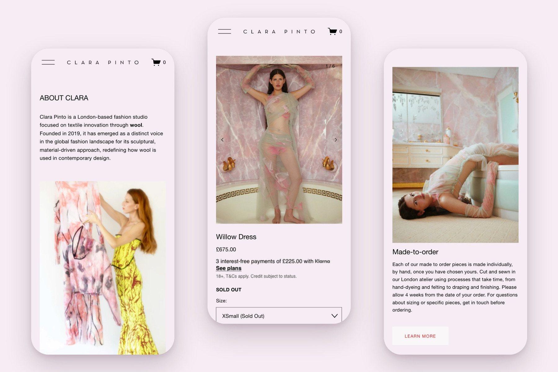 Clara Pinto, three live mobile pages of the Squarespace store