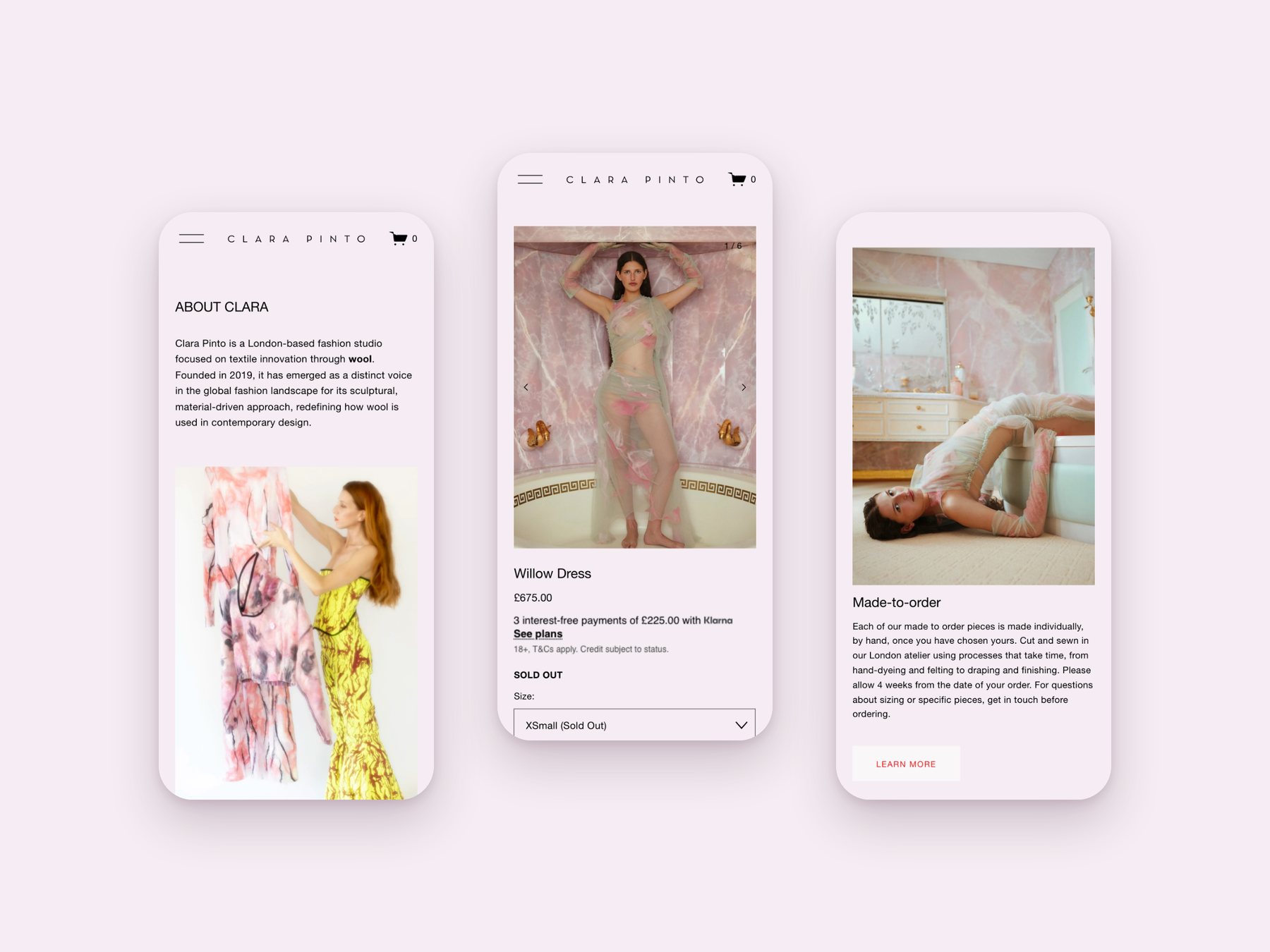 Clara Pinto, three live mobile pages of the Squarespace store on the site pink