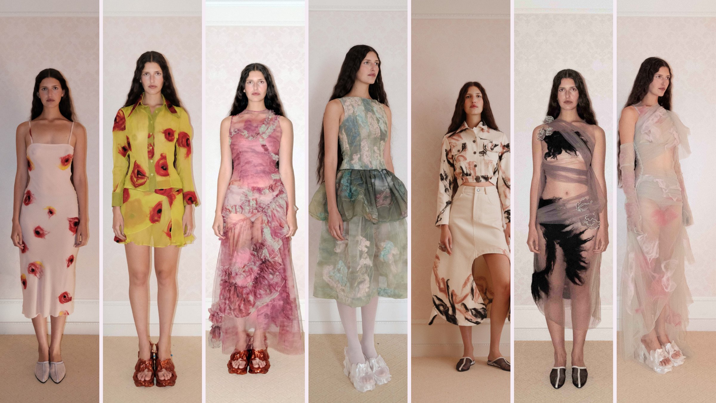 Seven Clara Pinto SS26 looks on model against one panelled wall: the Drift, Verdant, Flourishing, Nicole, Shell, Nocturne and Willow looks