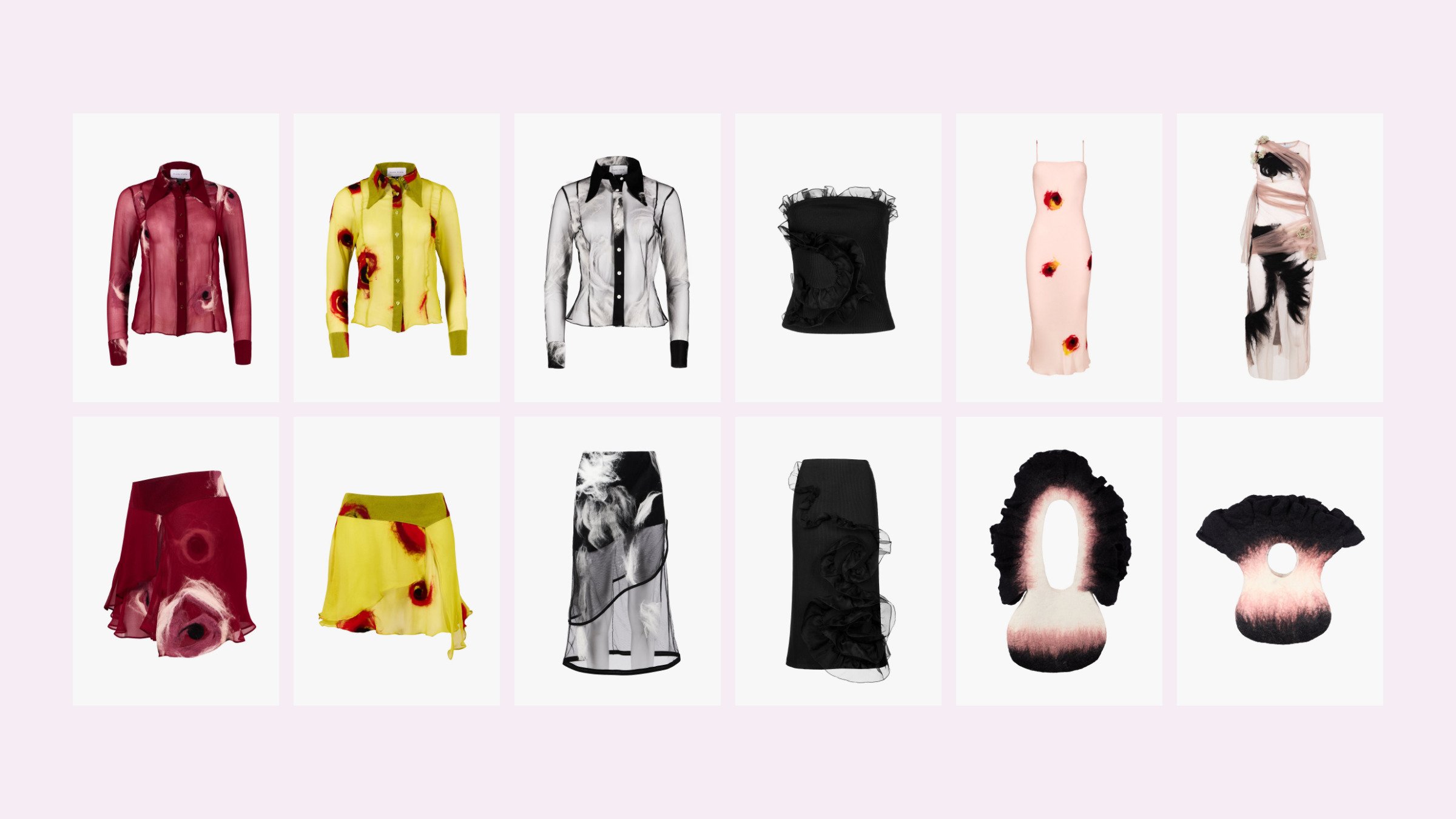 Twelve Clara Pinto packshots on the site pink: the Claret, Verdant, Ash and Fate tops over their matching skirts, then the Drift and Nocturne dresses over the Ruffle Wool and Ruffle Mini bags