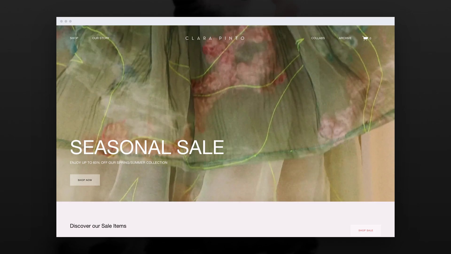 The live Clara Pinto home page on desktop: a close-up of a green and pink dress under the Seasonal Sale banner