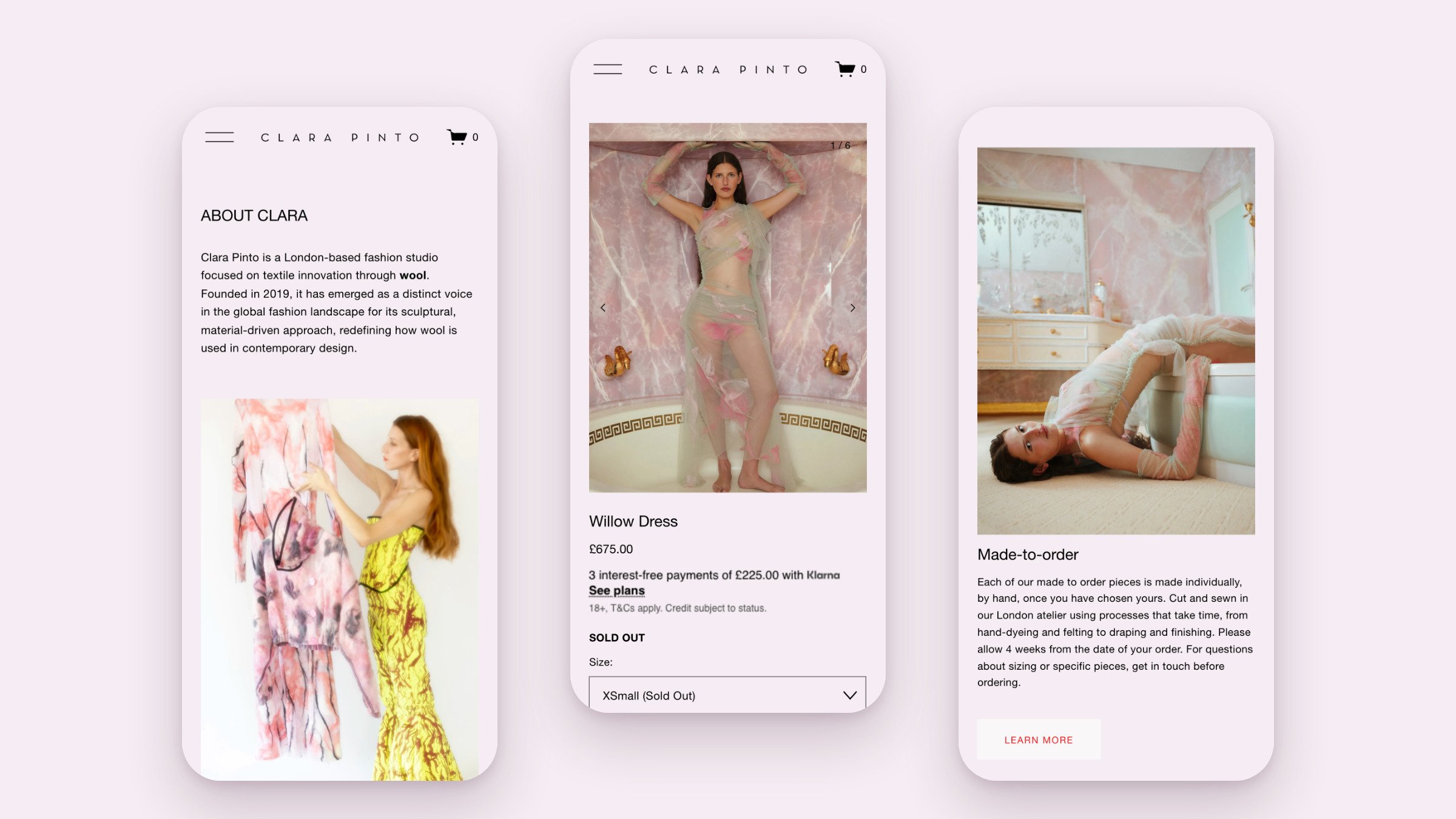 Three live Clara Pinto mobile screens: the top of Our Story, the Willow Dress product page and the homepage Made-to-order block