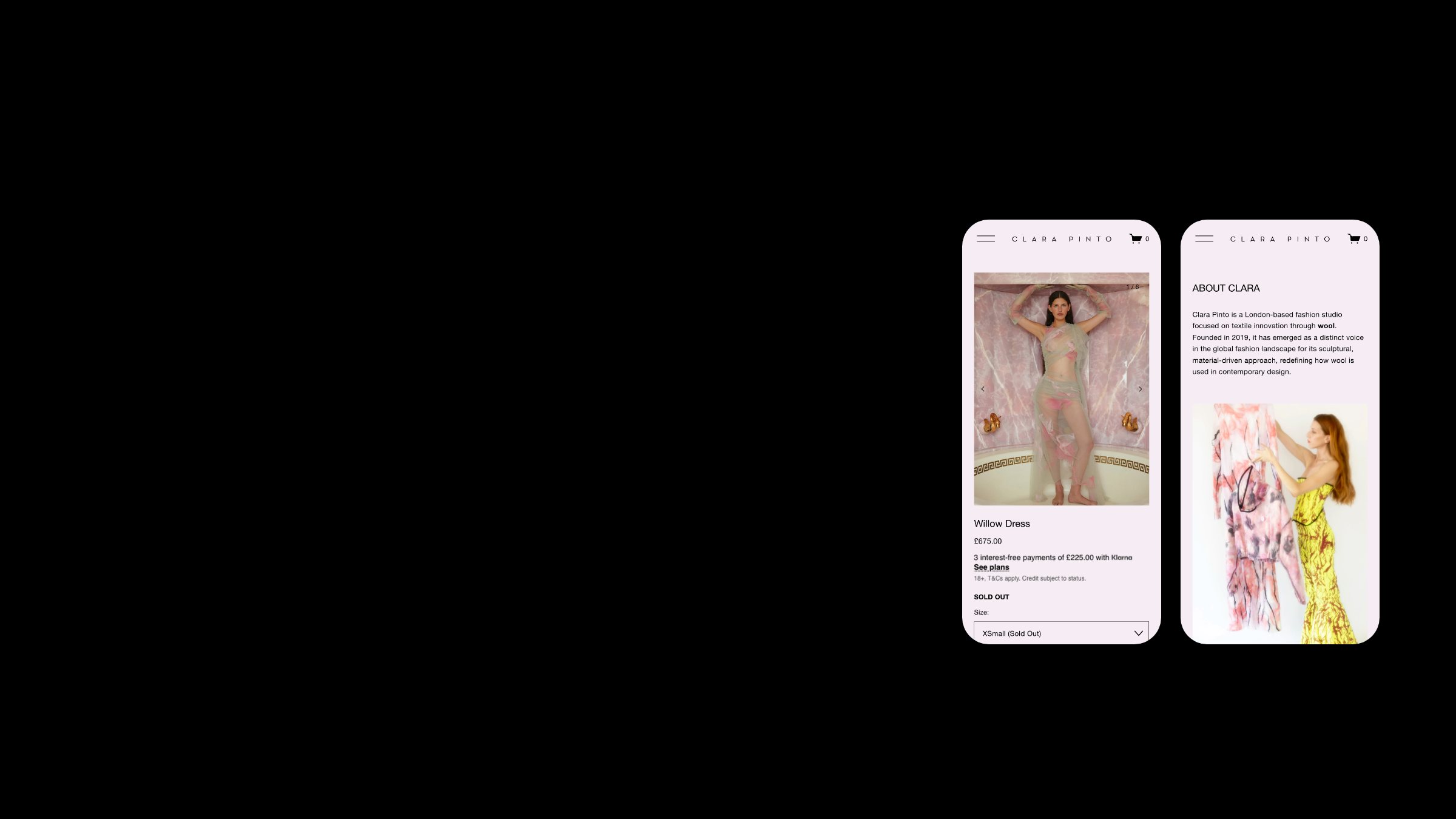 Two live Clara Pinto pages on mobile: the Willow Dress and About Clara