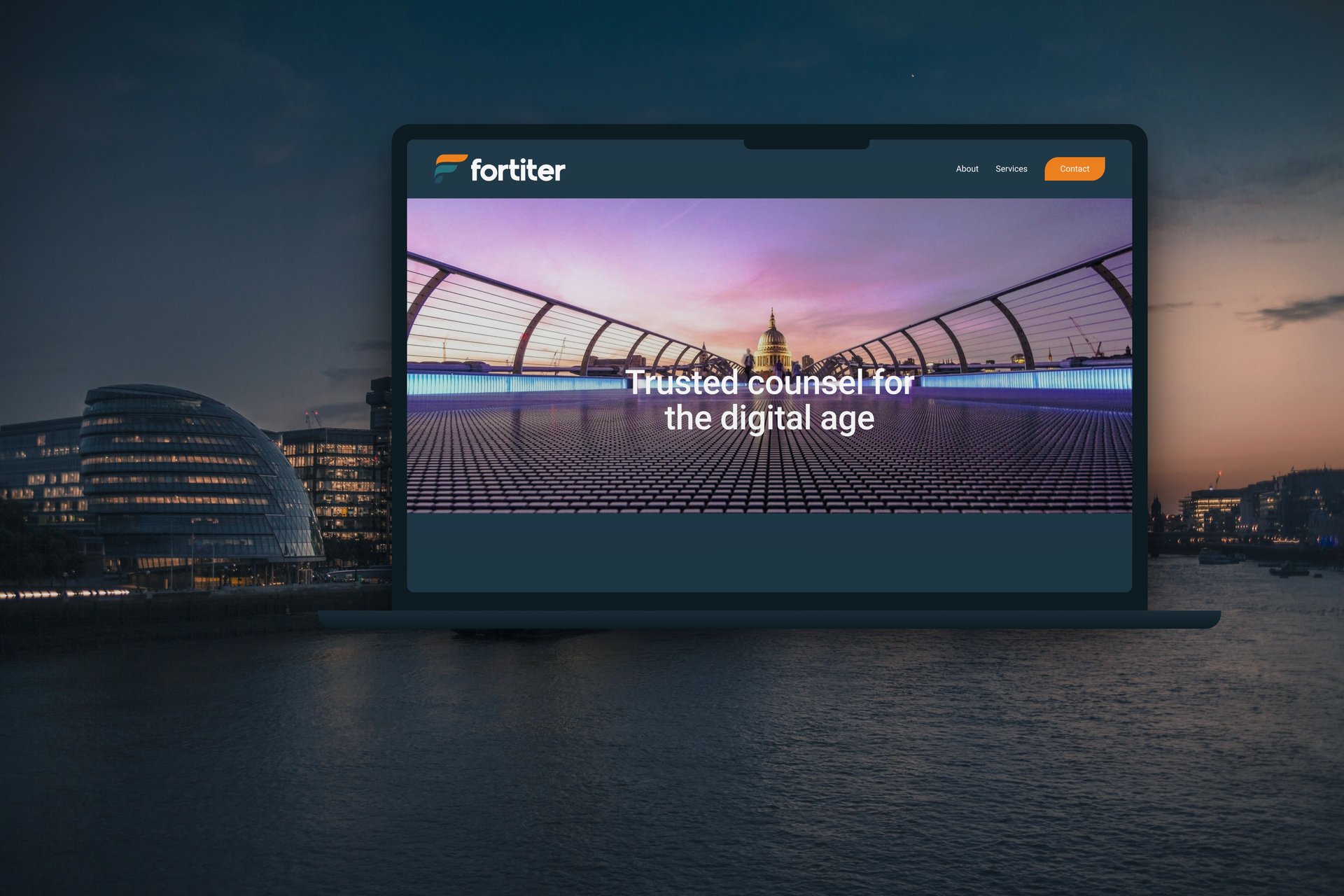 Fortiter, the F logomark on a deep slate ground