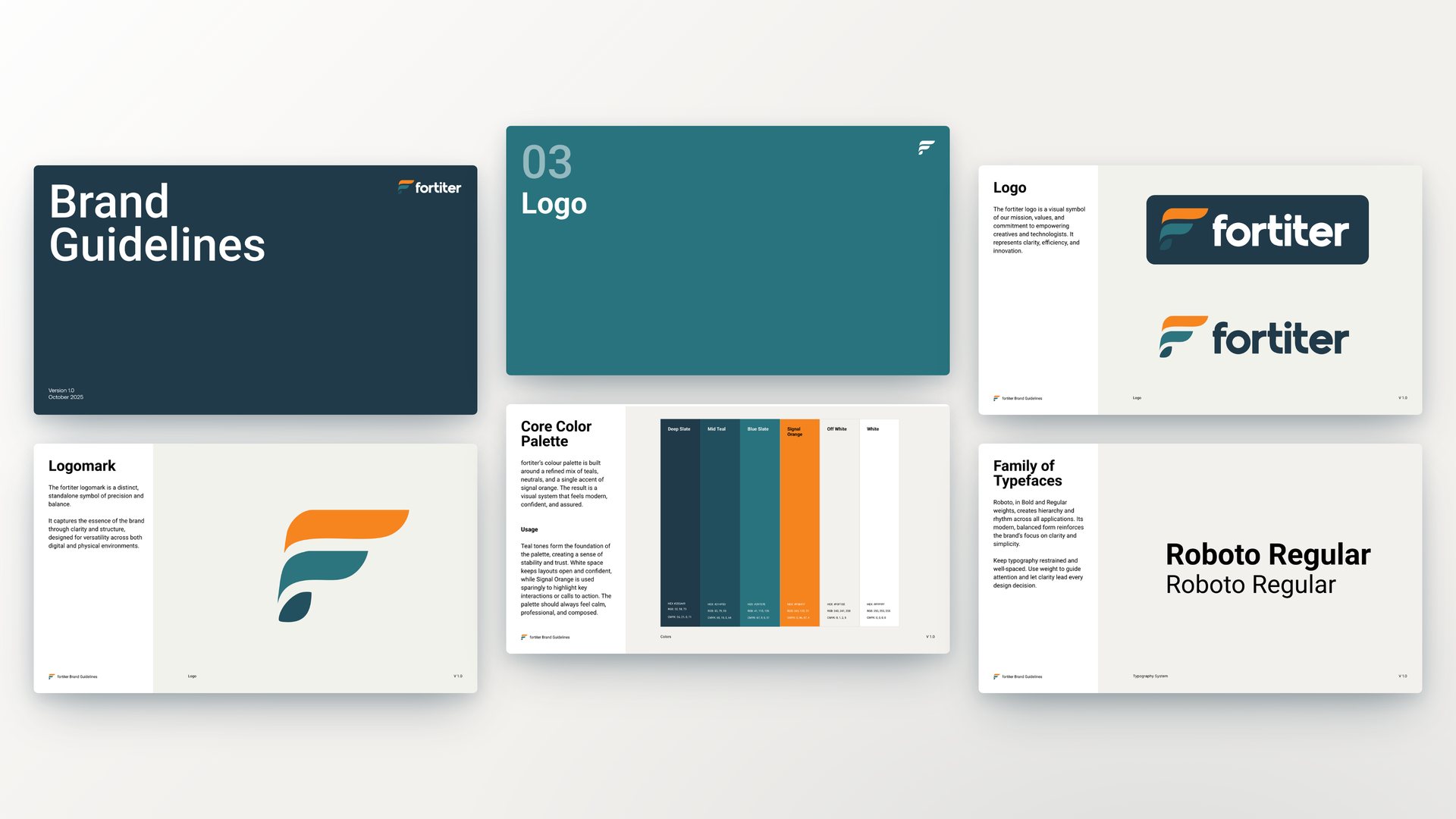 Fortiter brand guidelines, six slides from the version 1.0 document