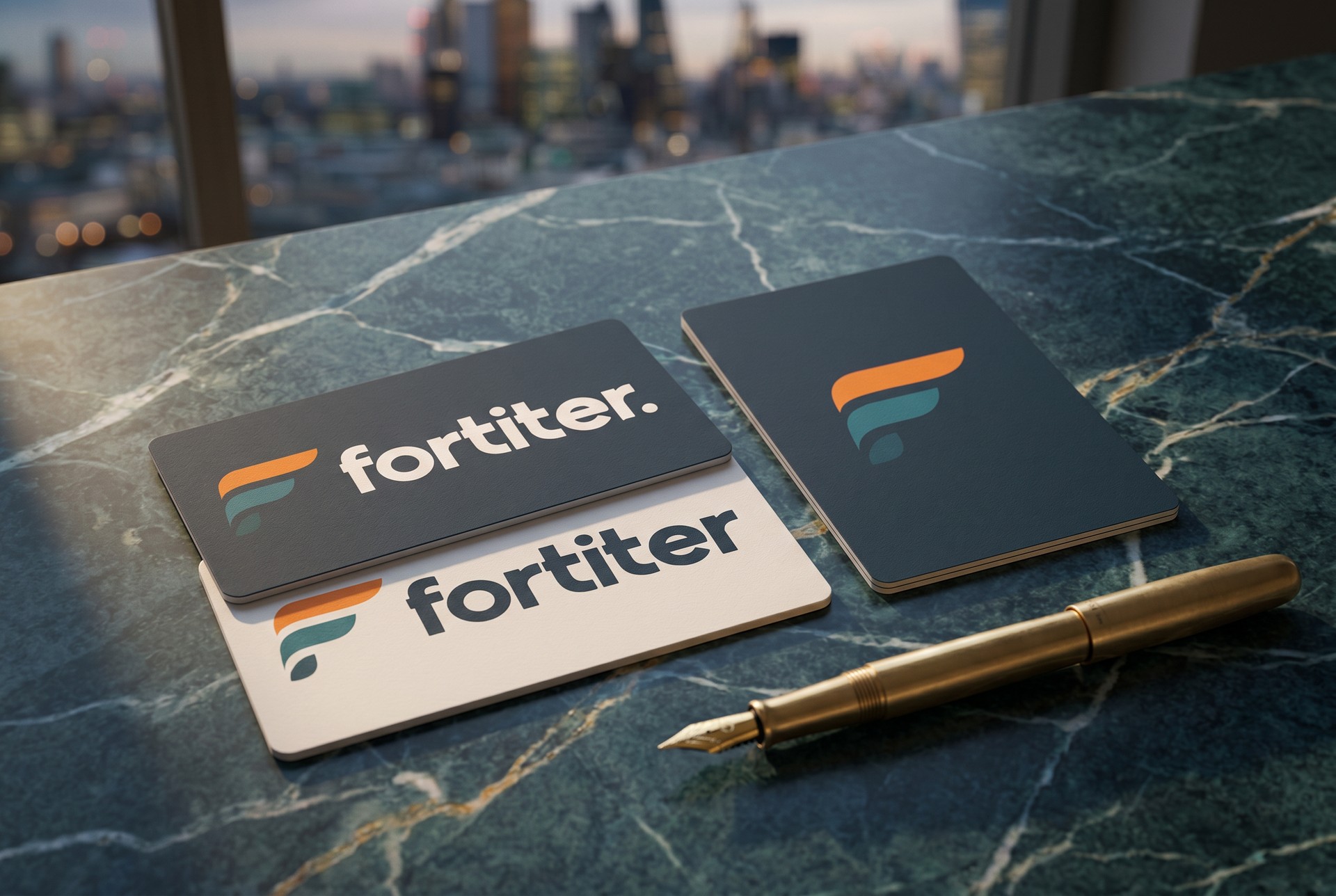The fortiter logo suite: three lockup cards on a teal marble desk, the City of London at dusk beyond