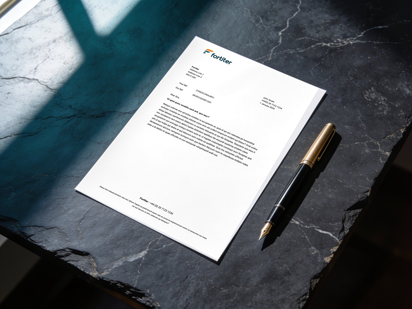 Fortiter letterhead photographed on a boardroom desk