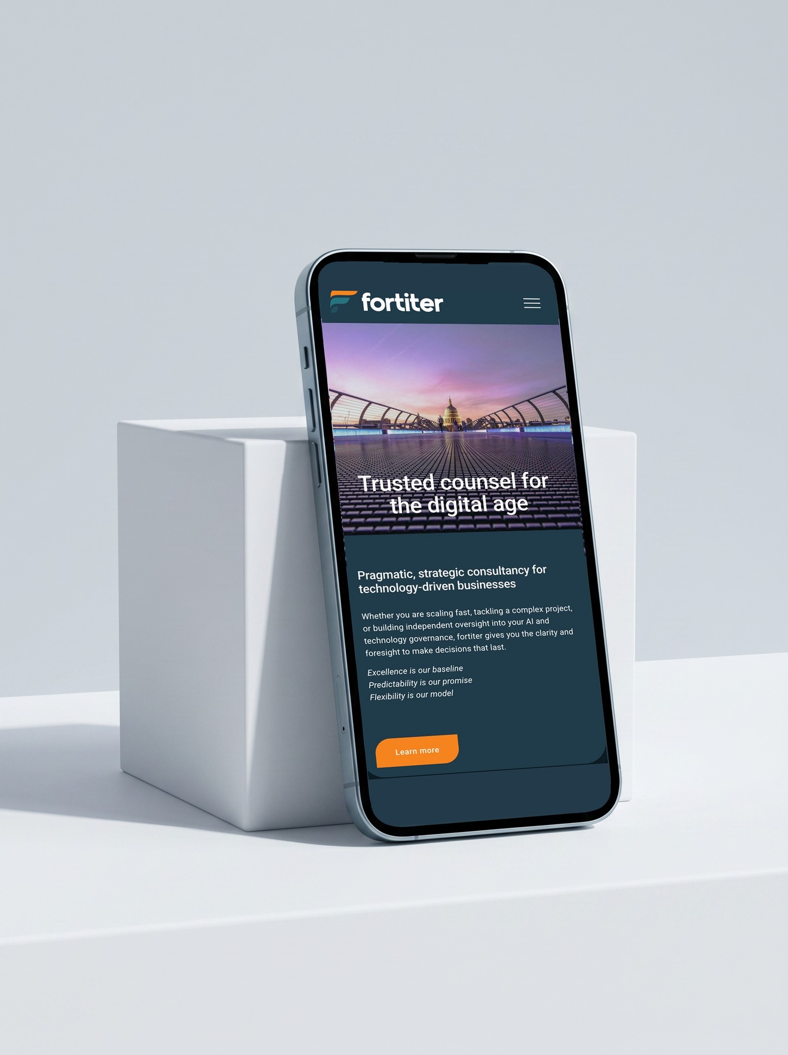 fortiter.co.uk on mobile, the responsive homepage in the new identity