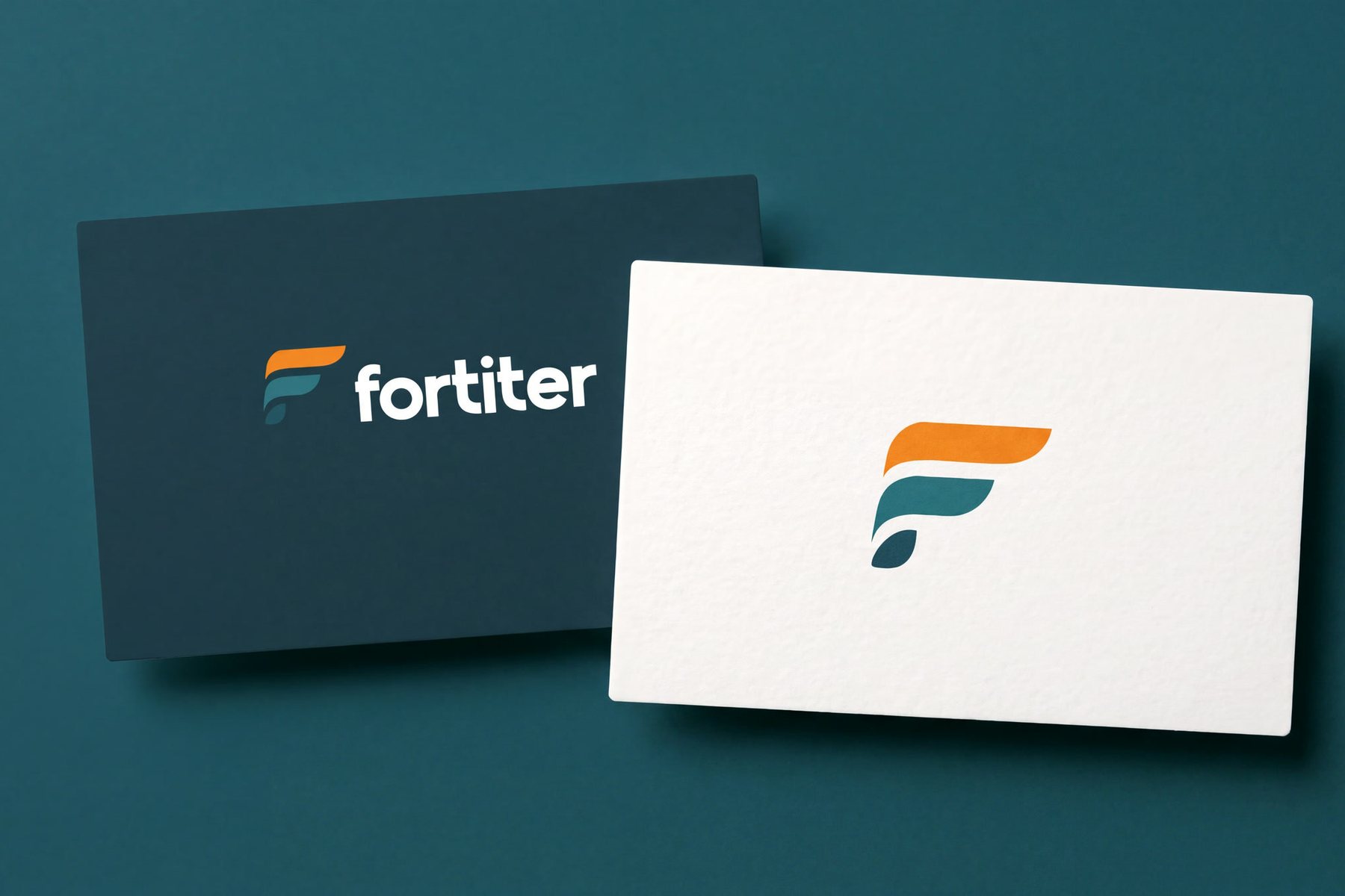 Fortiter, the final wordmark and F mark on card stock