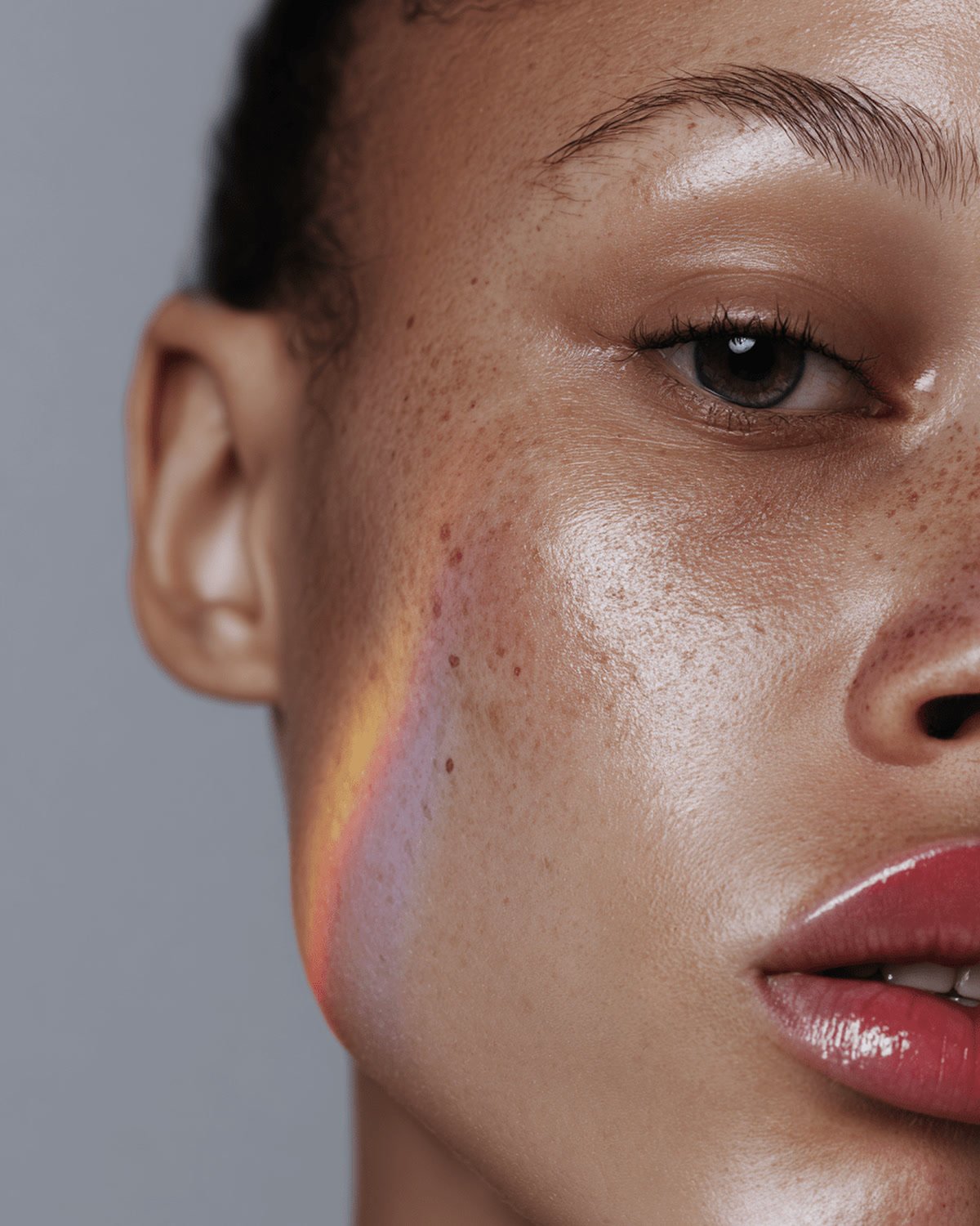 The Heal Clinic brand library, a freckled face in close-up with a band of rainbow light across the cheek