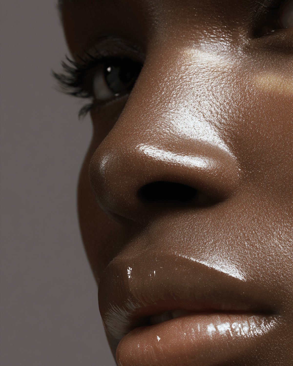 Brand library, glossy skin on the nose and lips in close-up
