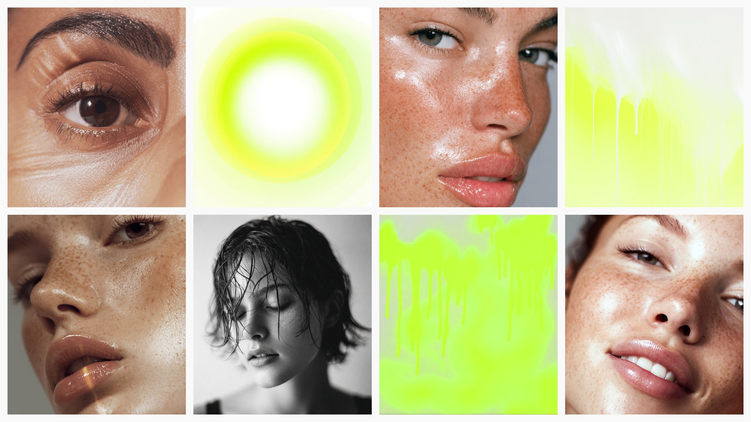 Eight images from The Heal Clinic brand library: skin close-ups, a black-and-white portrait and neon lime artworks
