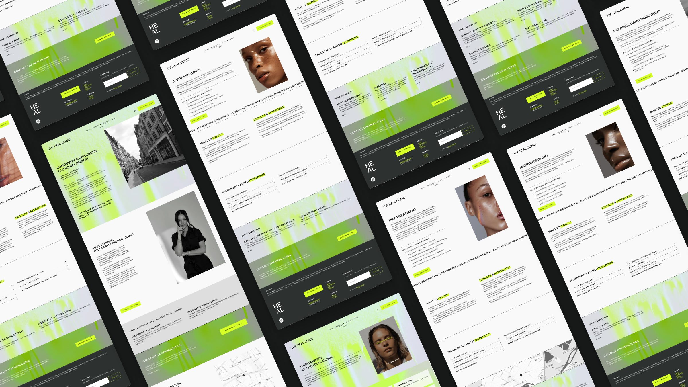 Live pages of theheal.clinic laid out on a diagonal on charcoal: treatment pages, the London clinic, the blog and contact