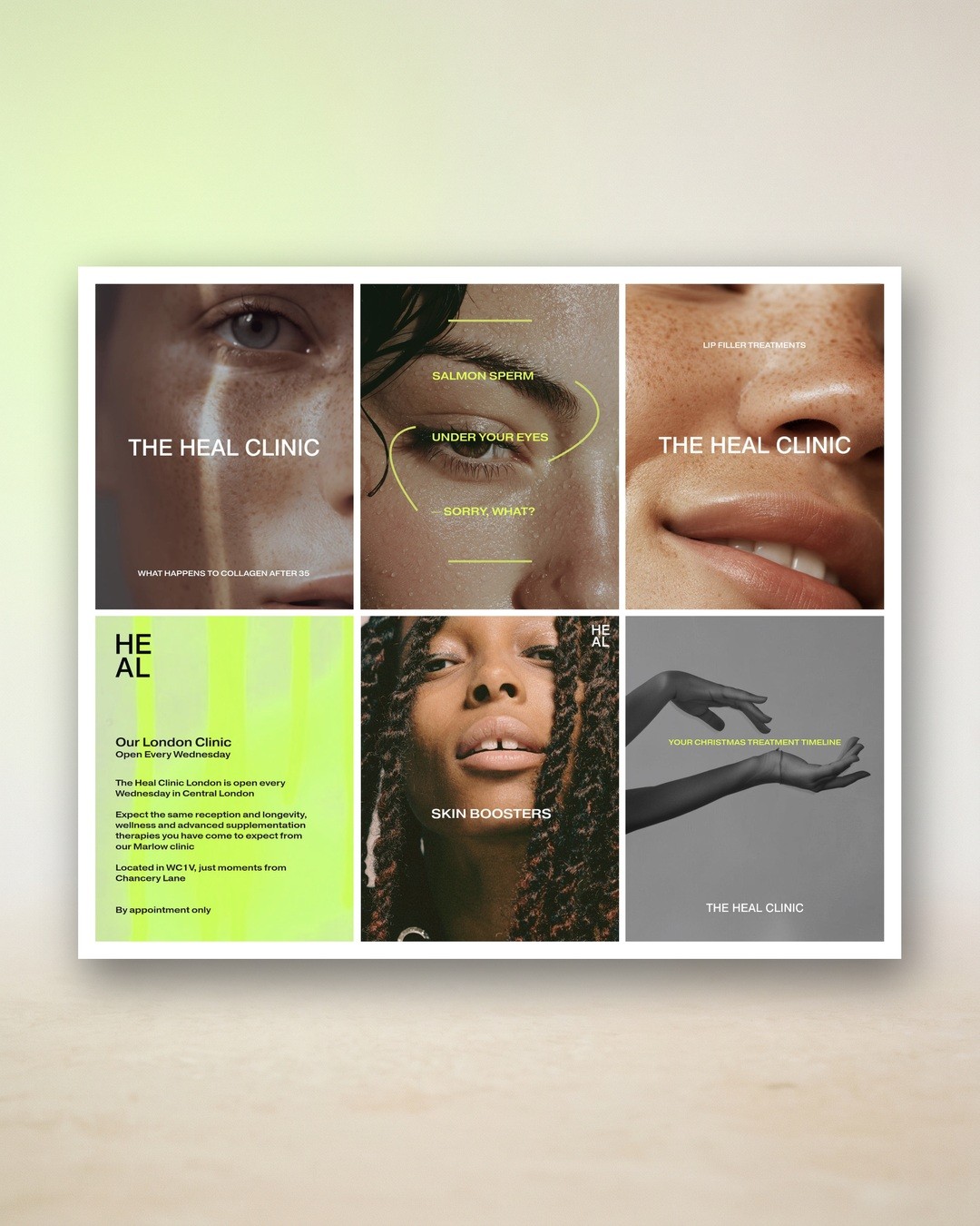 Six Heal Clinic Instagram posts in a white frame on a soft lime-to-sand ground: skin close-ups with THE HEAL CLINIC wordmark, lime lettering and curves, a London clinic notice with the HEAL mark, and a hands artwork