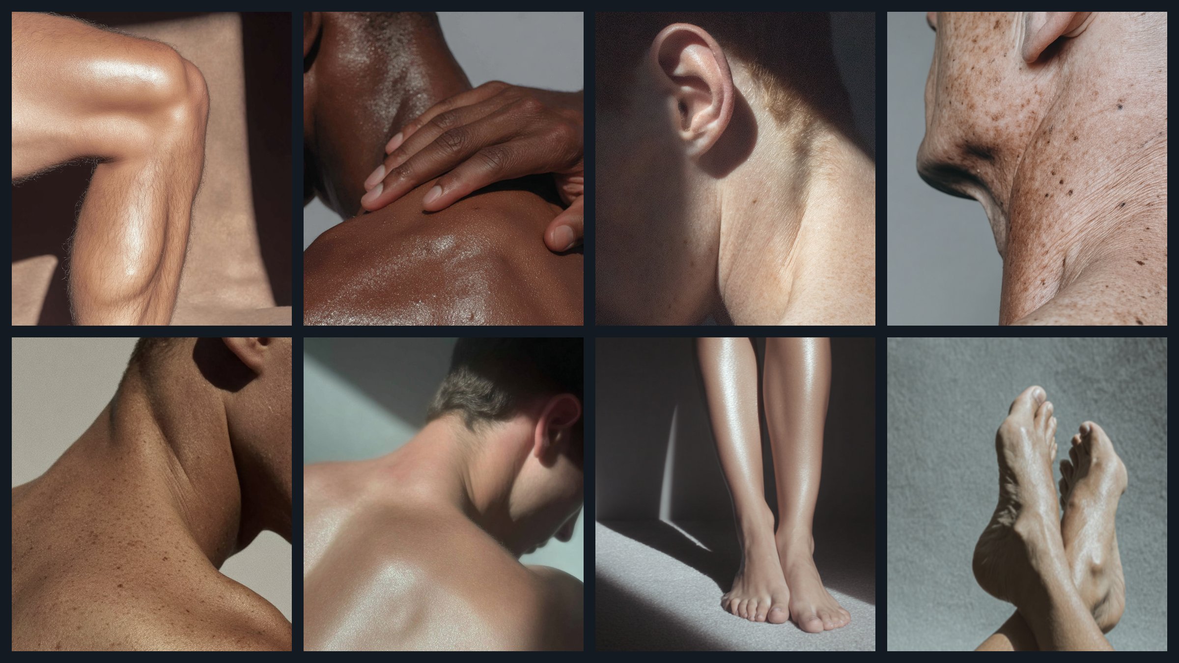 Eight images from the KiRO Clinic brand library on dark ink: a knee, a hand on a shoulder, a neck in shadow, an older face in profile, a freckled shoulder, a back in side light, legs in a shaft of light and crossed feet