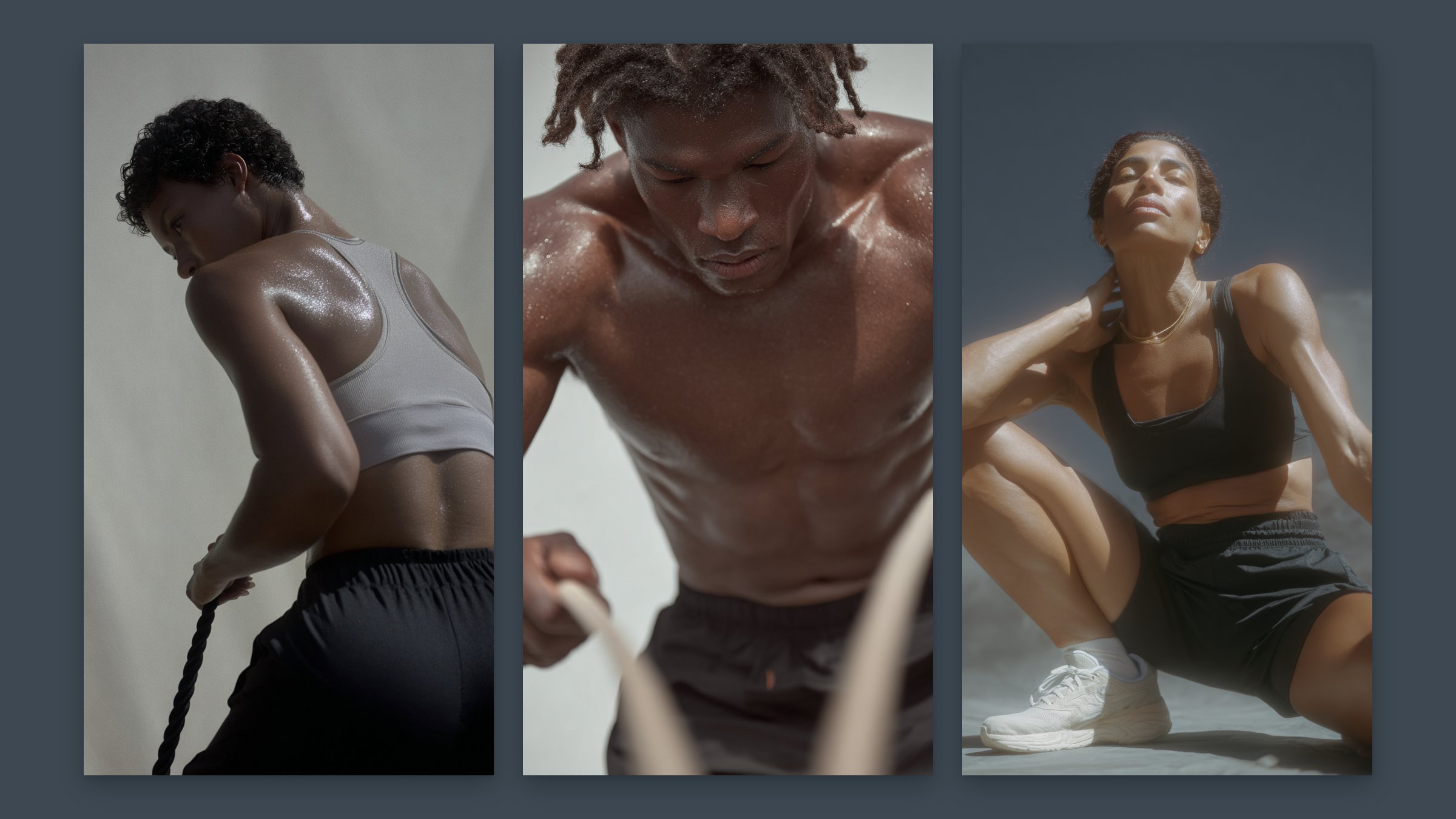 Three brand library images on slate: a woman pulling a training rope, a man working with battle ropes, and a woman crouching in a stretch