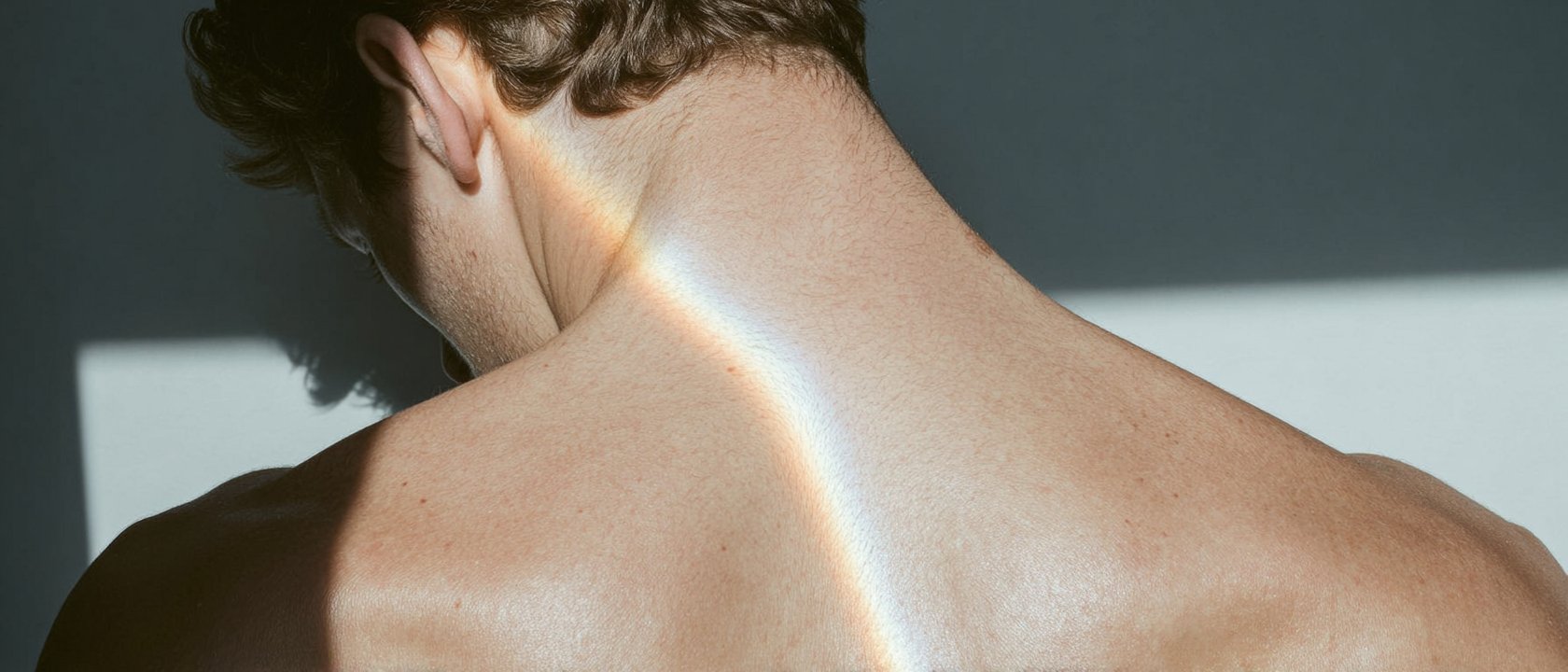 A man's bare back seen from behind, with a thin band of rainbow light running down his neck and spine