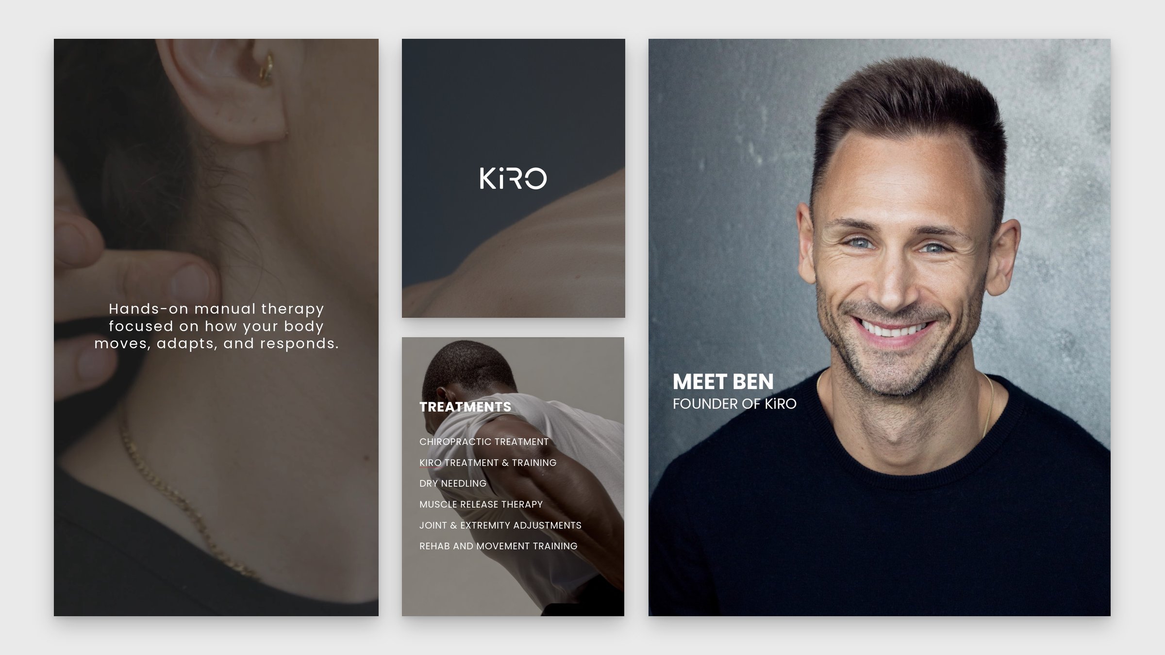 Four KiRO Clinic posts on light grey: a reel cover reading Hands-on manual therapy focused on how your body moves, adapts, and responds, the KiRO wordmark on slate, a list of treatments, and the Meet Ben founder post
