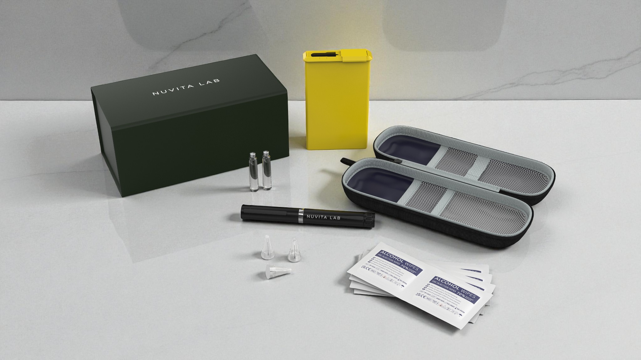 Nuvita Lab kit, pen, vials, alcohol wipes, magnetic case