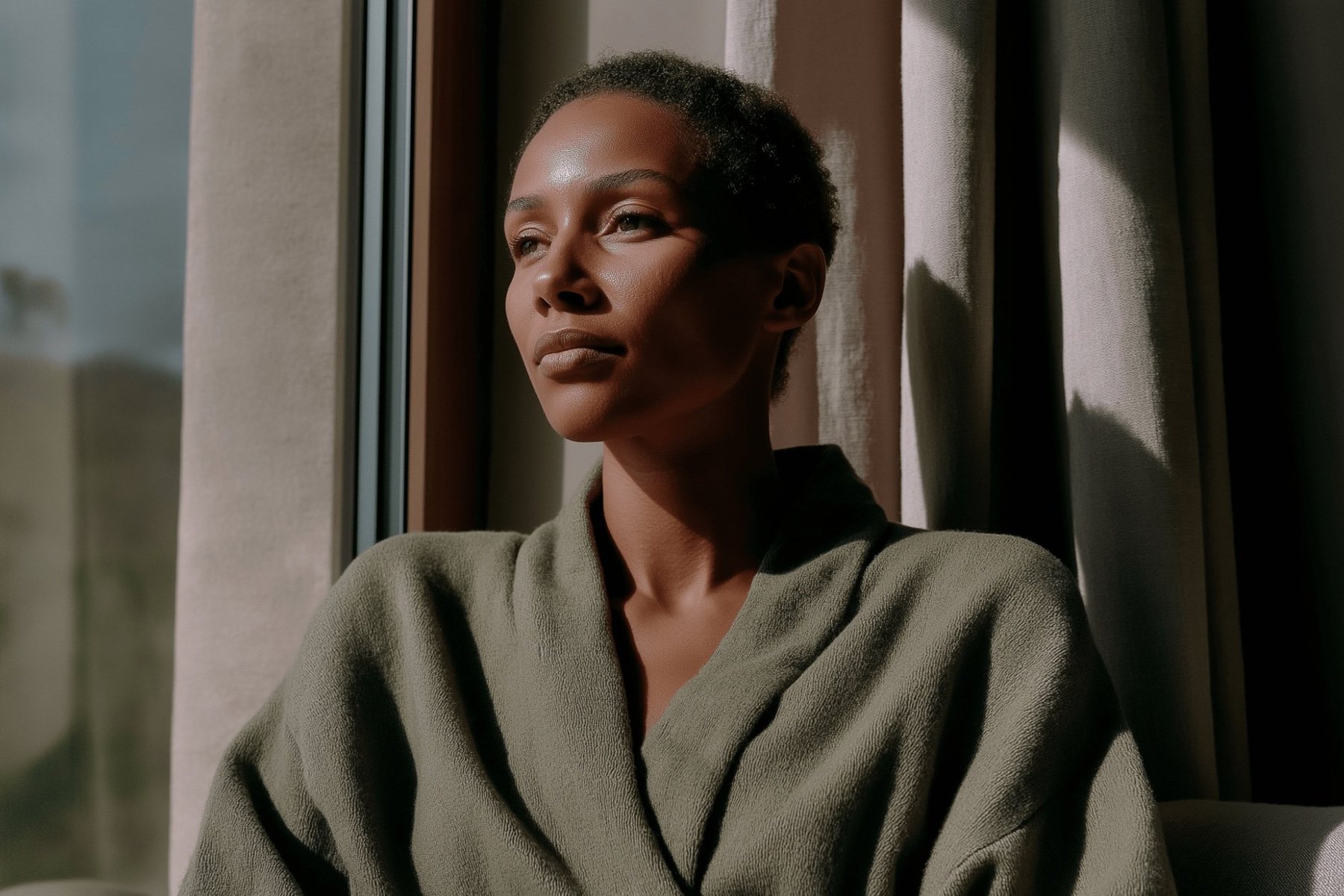 Nuvita Lab brand library, a woman in an olive robe by a sunlit window