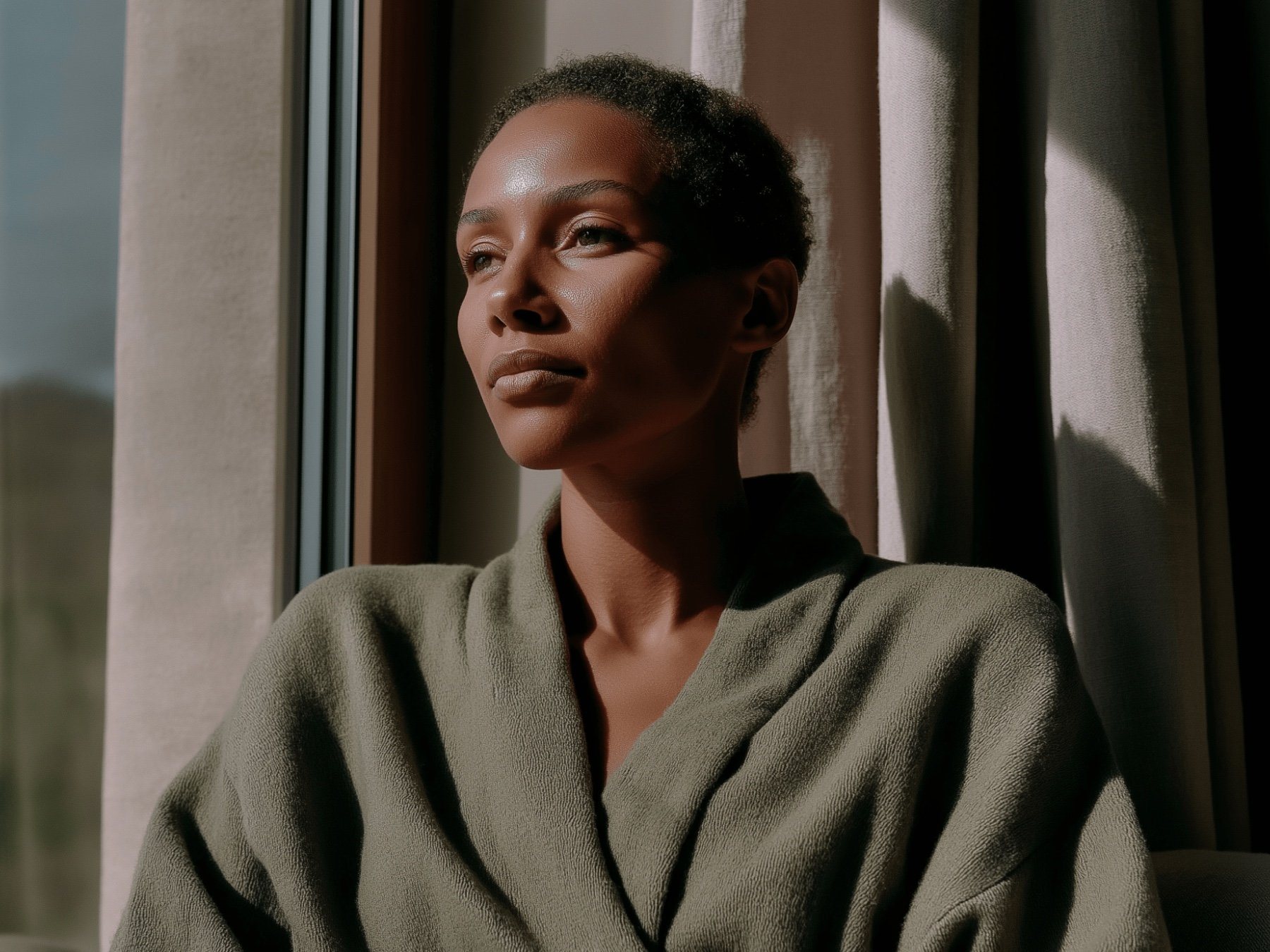 Nuvita Lab brand library, a woman in an olive robe by a sunlit window