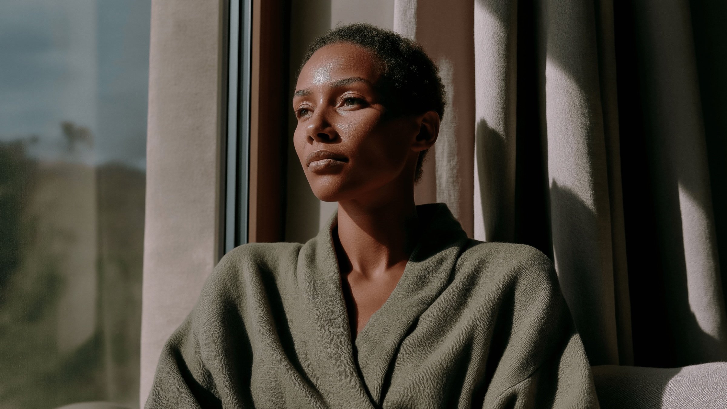 Nuvita Lab brand library, a woman in an olive robe by a sunlit window