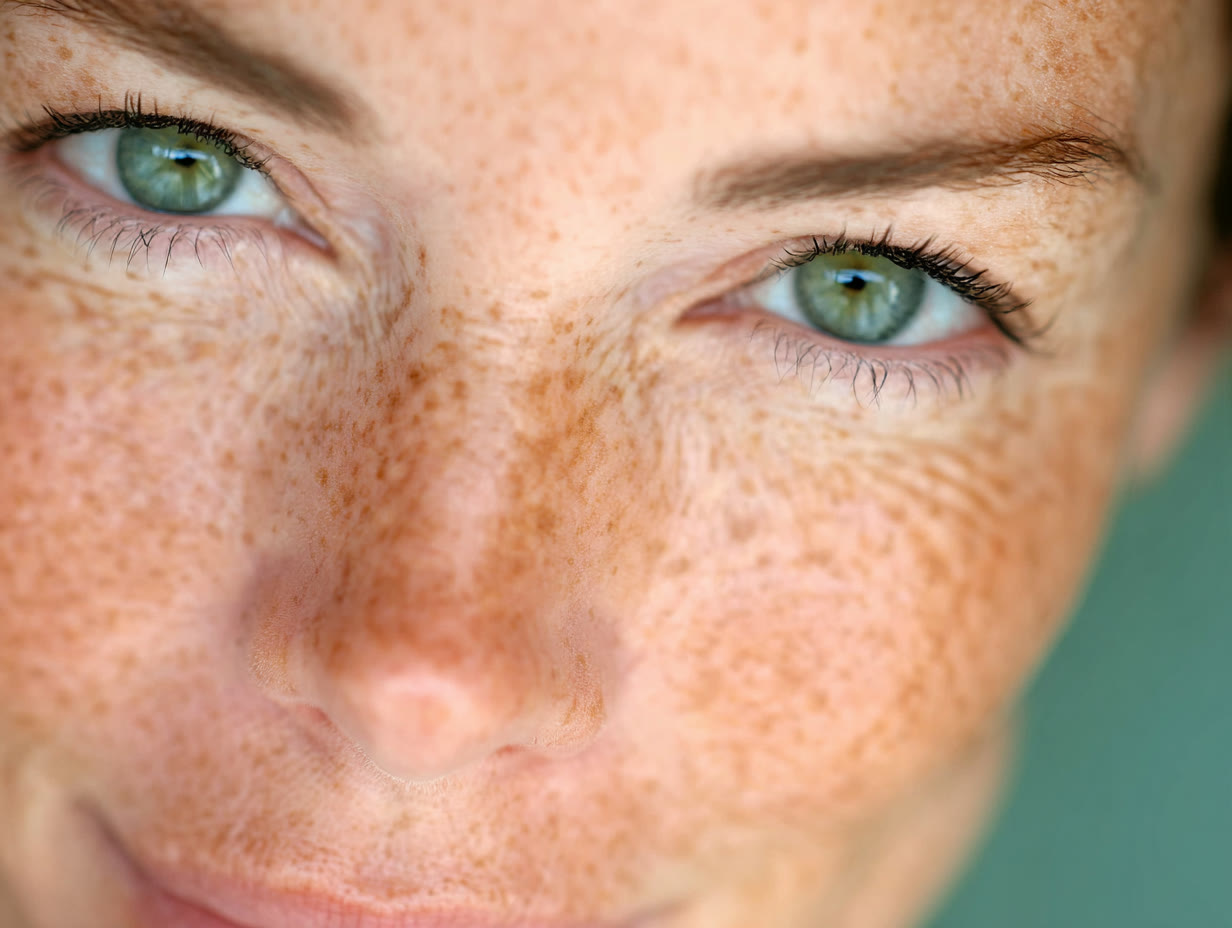 Nuvita Lab brand library: a close-up of green eyes and freckled skin