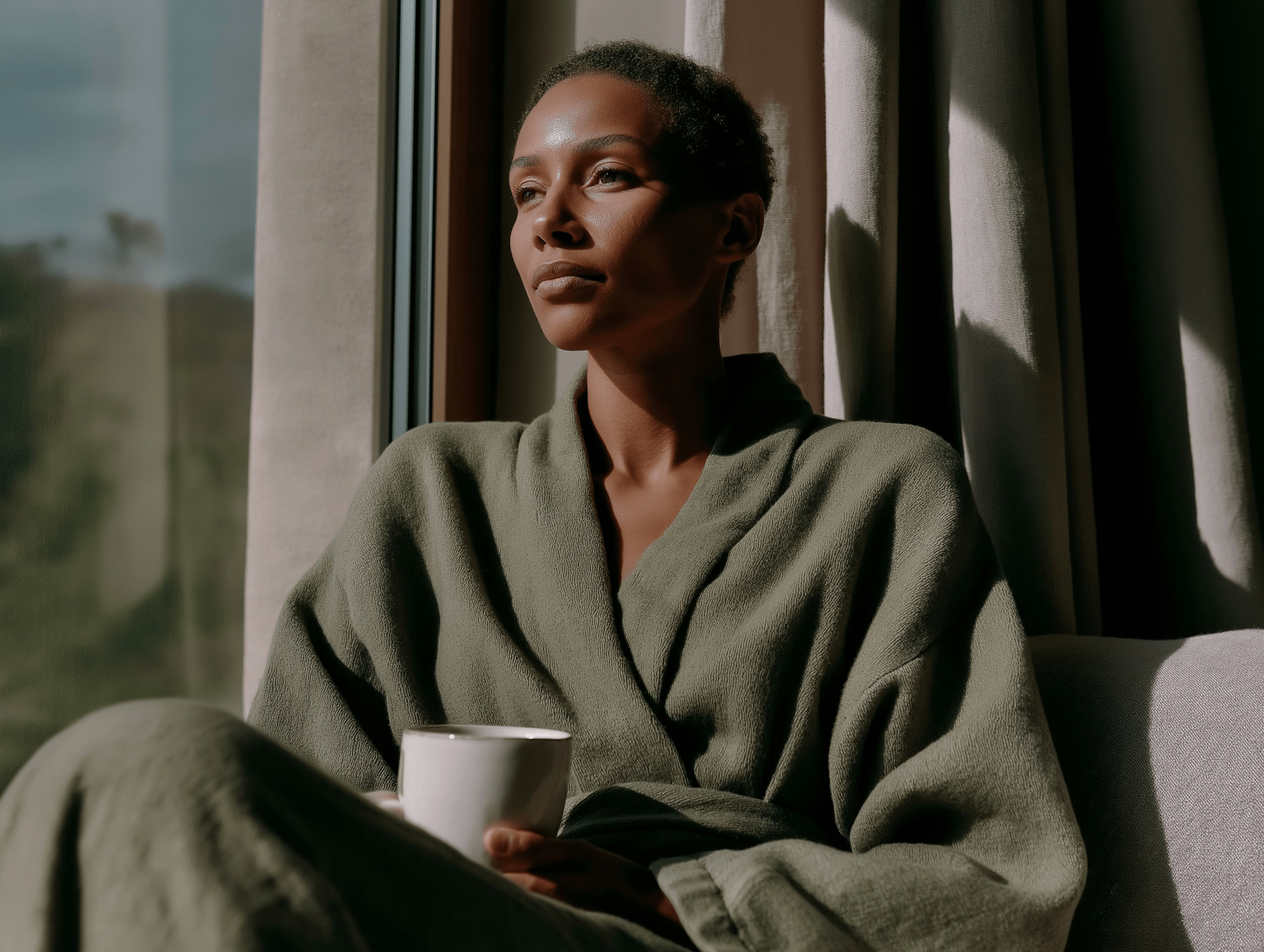 From the Nuvita Lab brand library: a woman in an olive linen robe holding a mug by a sunlit window