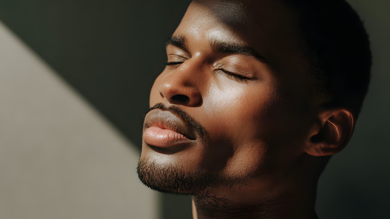 Brand library, a man with his eyes closed in warm side light