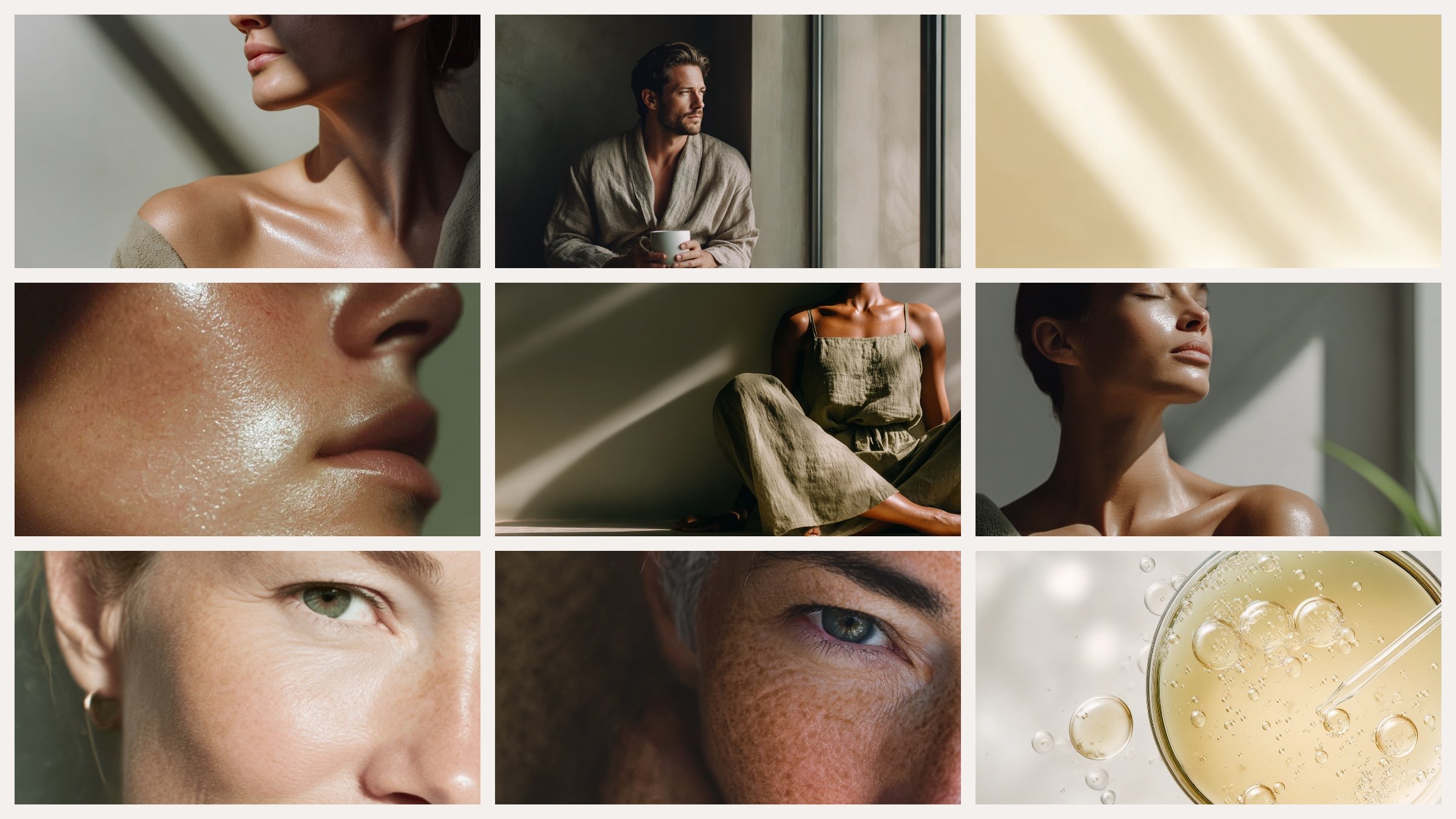 Nine images from the Nuvita Lab brand library on a stone ground: skin, linen, faces and warm window light