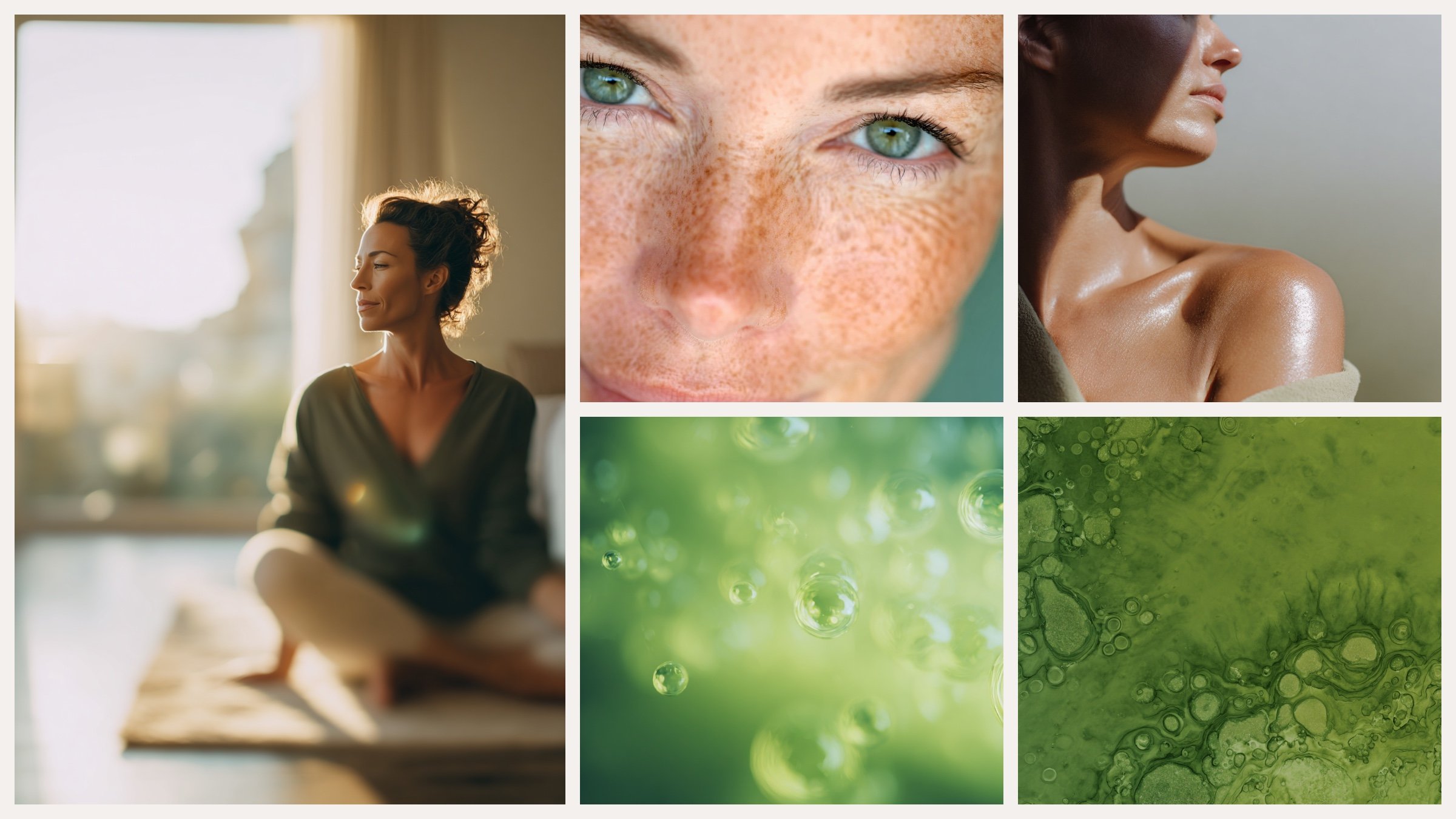 Five more images from the Nuvita Lab brand library: a seated woman in morning light, freckled skin, a bare shoulder and two green textures