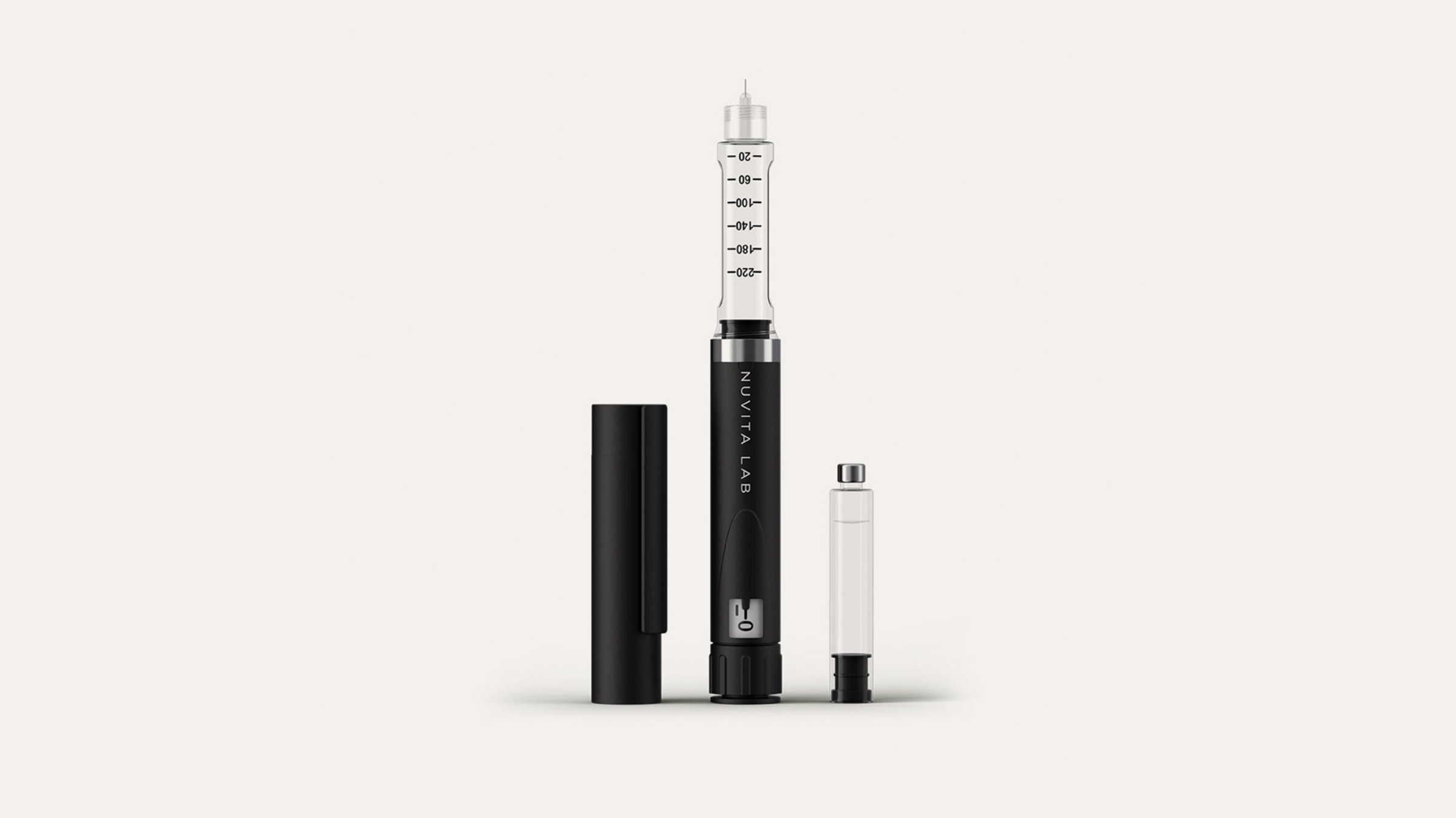 Nuvita Lab pen, cap and vial on a pale ground