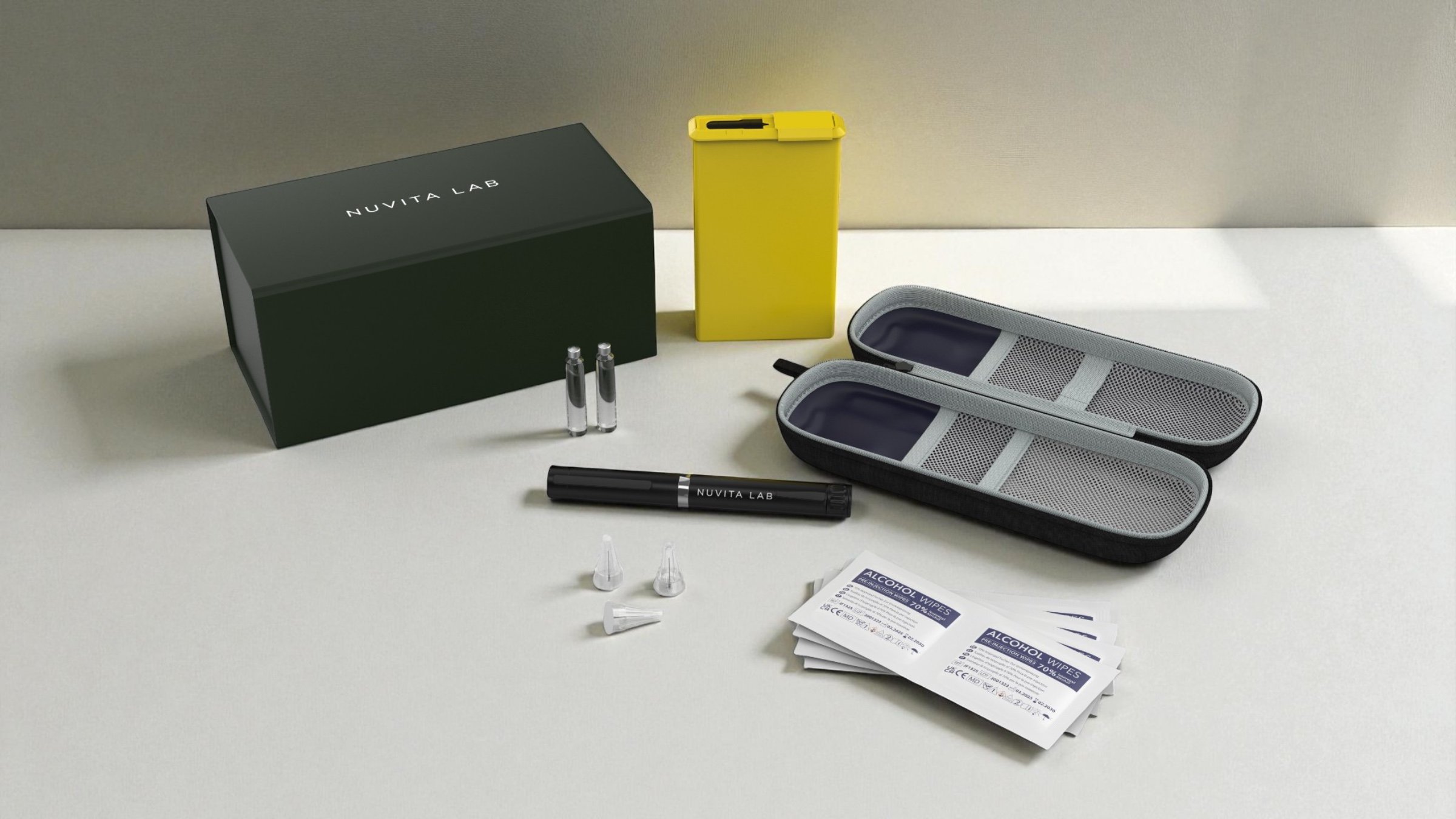 Nuvita Lab kit: the box, pen, vials, needles, alcohol wipes, sharps bin and zip case
