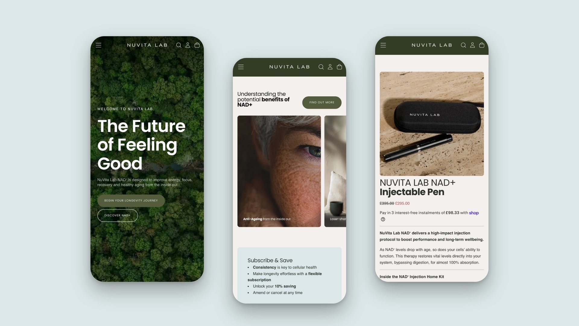 Three live Nuvita Lab store pages on mobile: the home page, the NAD+ explainer and the injectable pen