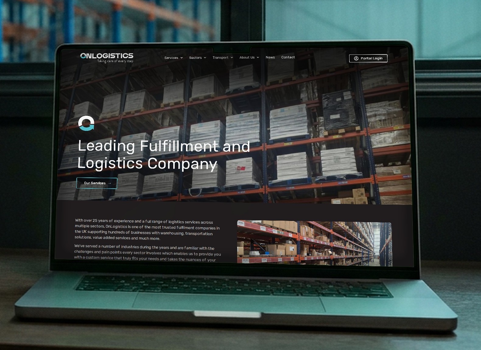 Logistics company website design, the OnLogistics homepage on a laptop