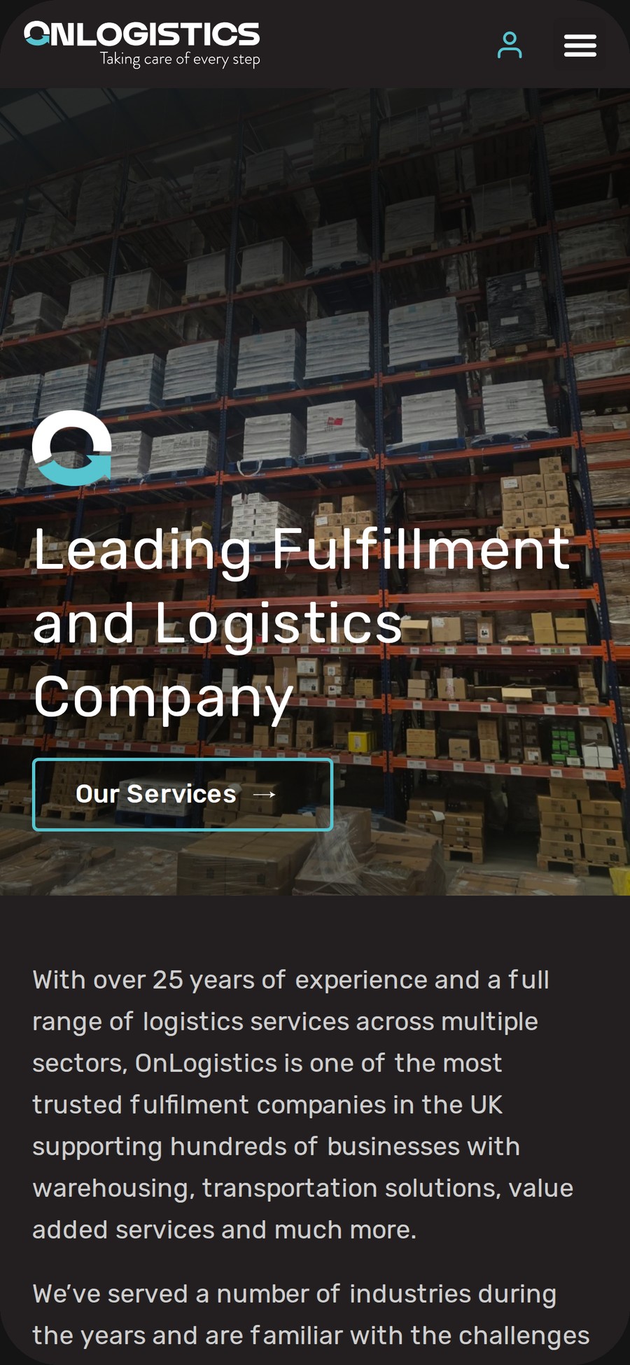 The OnLogistics homepage on mobile