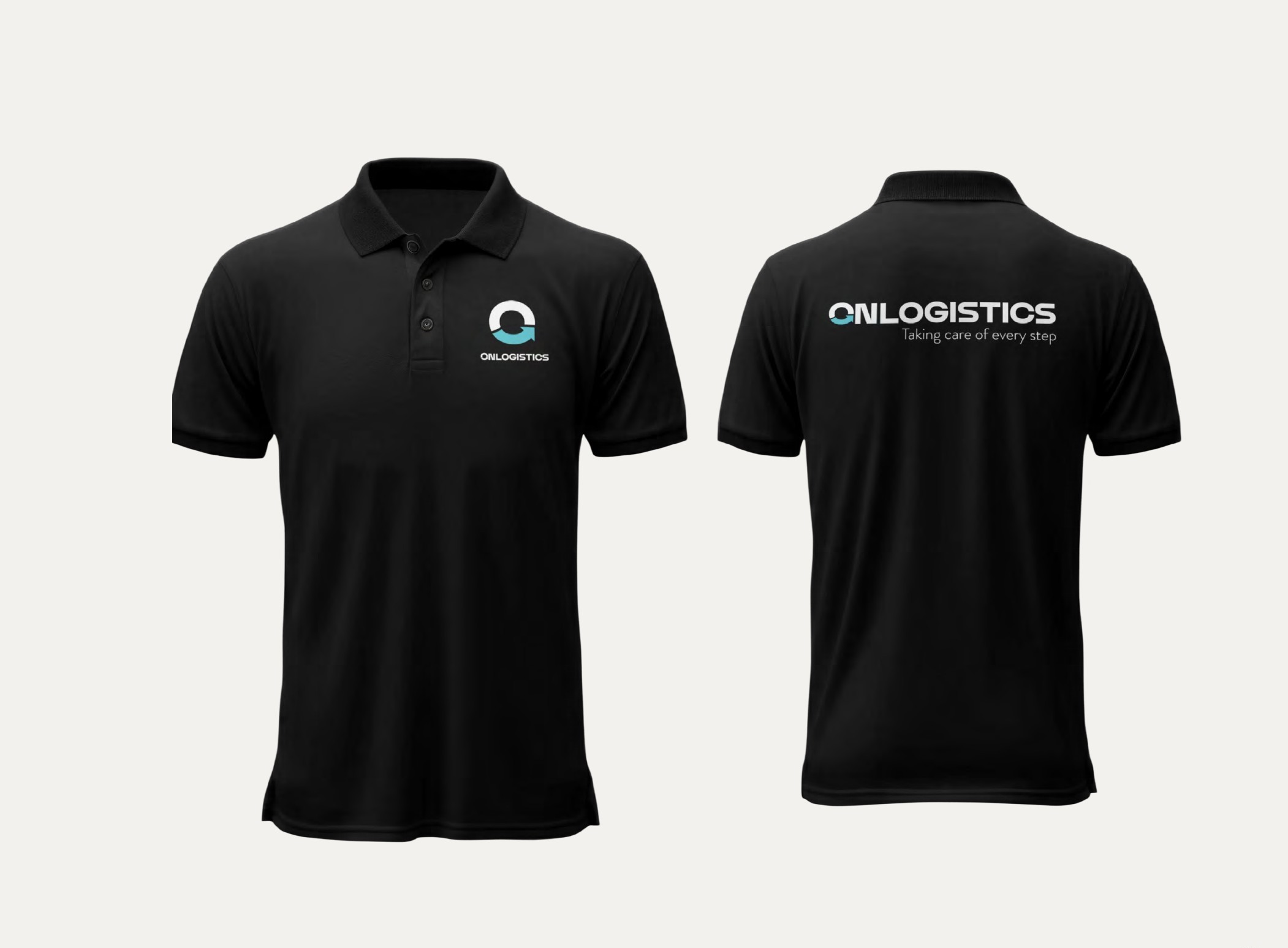 OnLogistics branded workwear, front and back of a black polo shirt