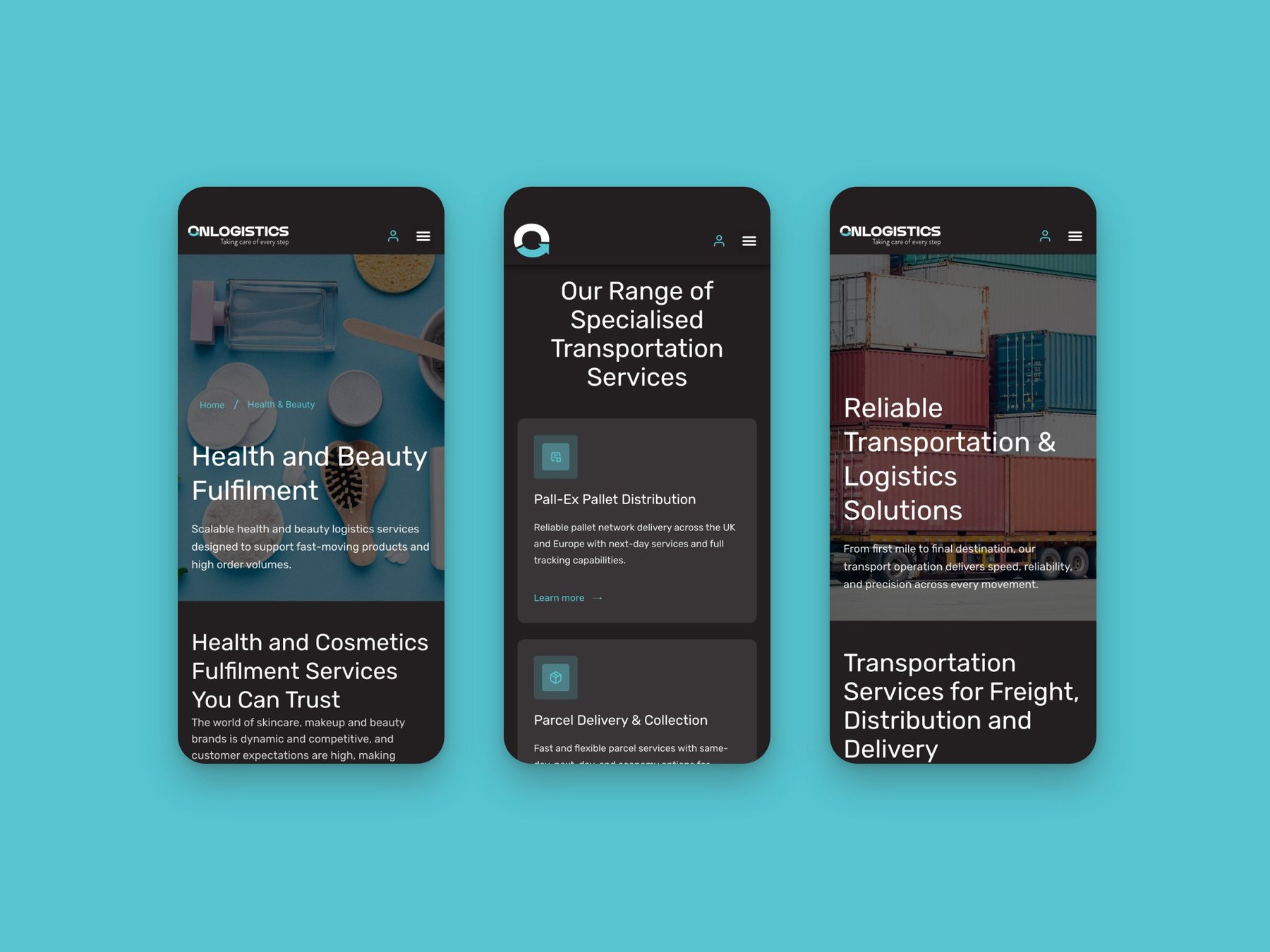 UI and product design: OnLogistics project, three live pages on mobile