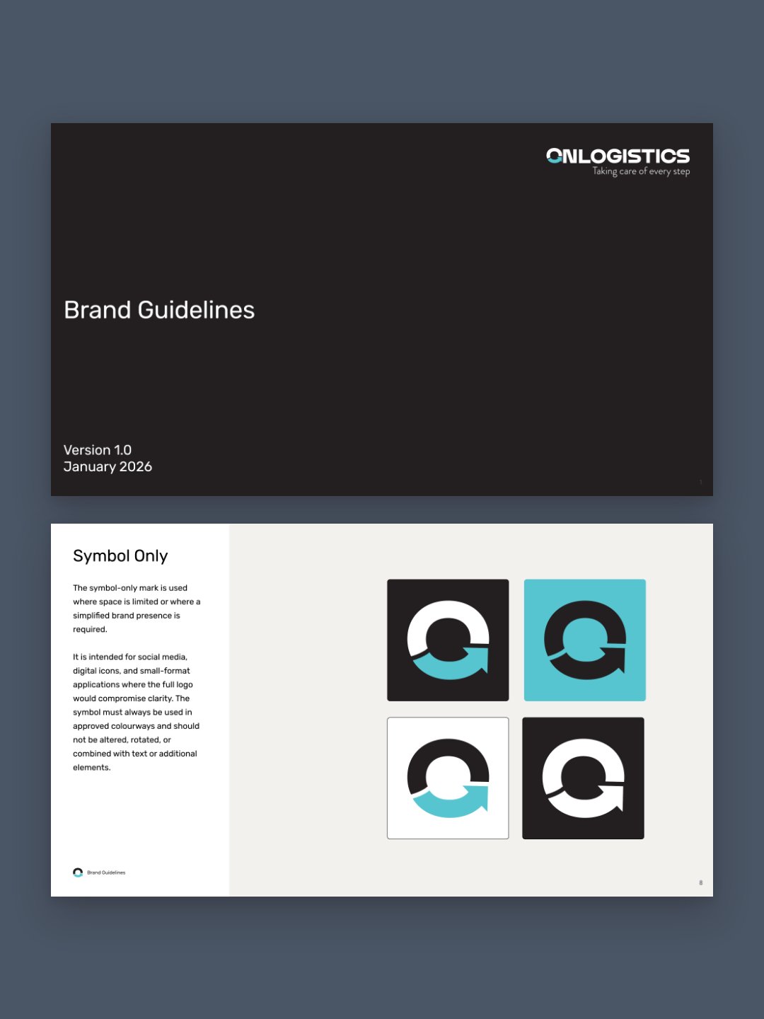 The cover and the Symbol Only page from the OnLogistics brand guidelines, on Blue Slate