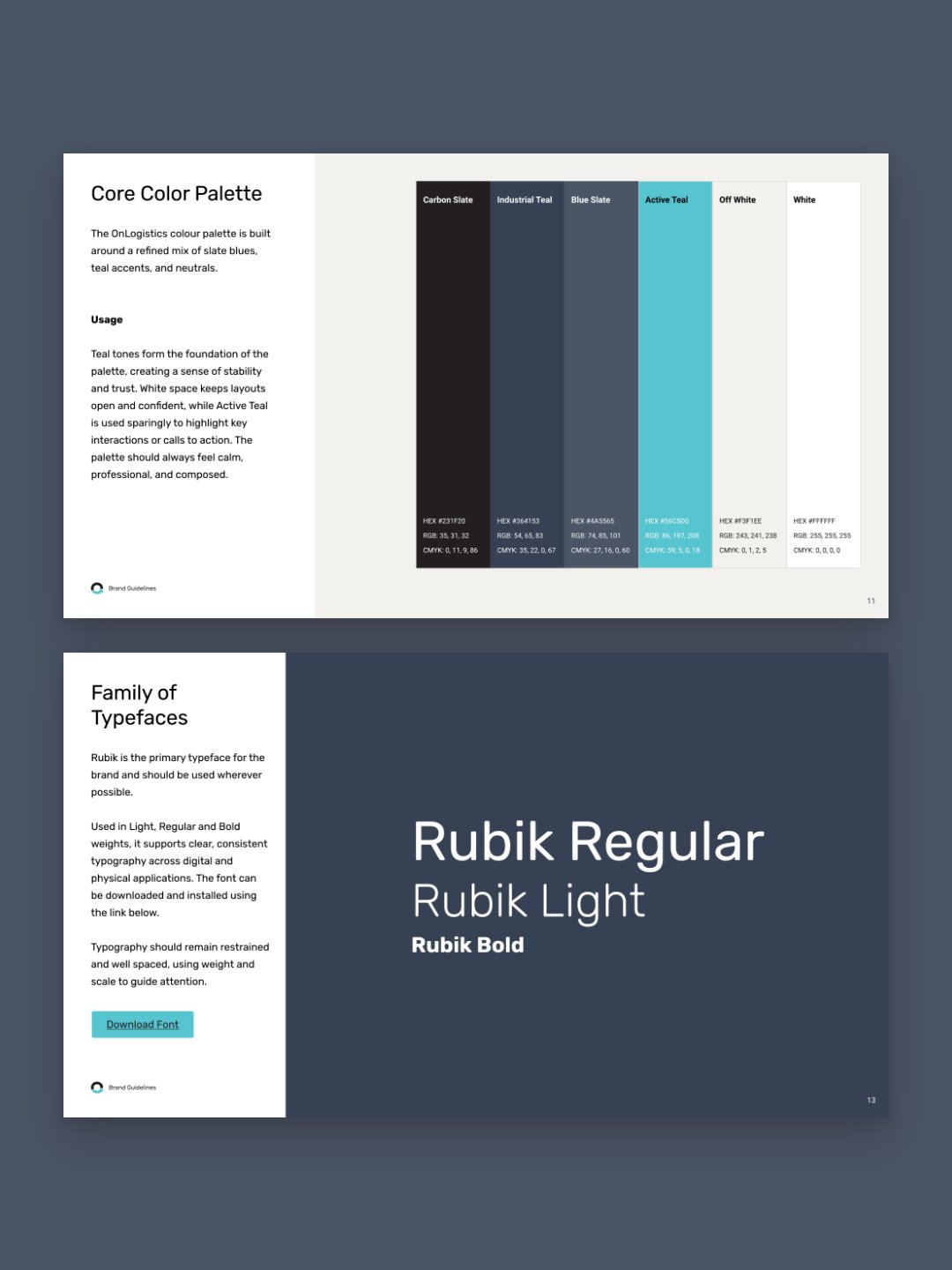 The Core Color Palette and Family of Typefaces pages from the OnLogistics brand guidelines, on Blue Slate