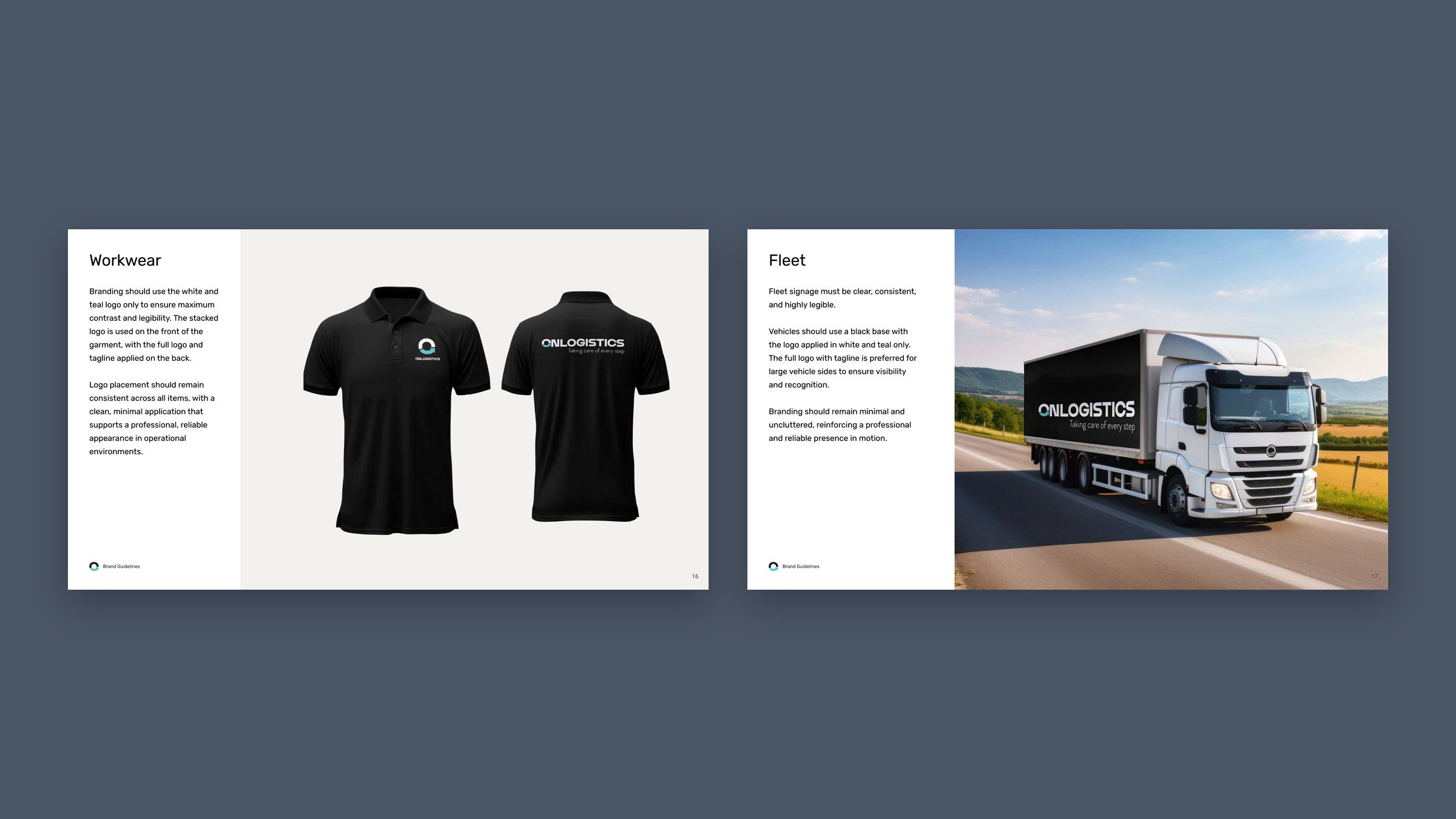 The Workwear and Fleet pages from the OnLogistics brand guidelines: black polo shirts, front and back, and a black lorry trailer carrying the full logo