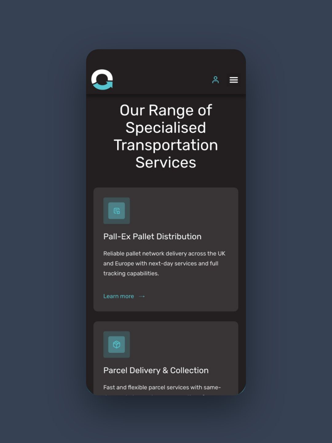 A live OnLogistics services page on mobile, designed by S Evans Design and built by WP Bees, on the brand\'s slate colour