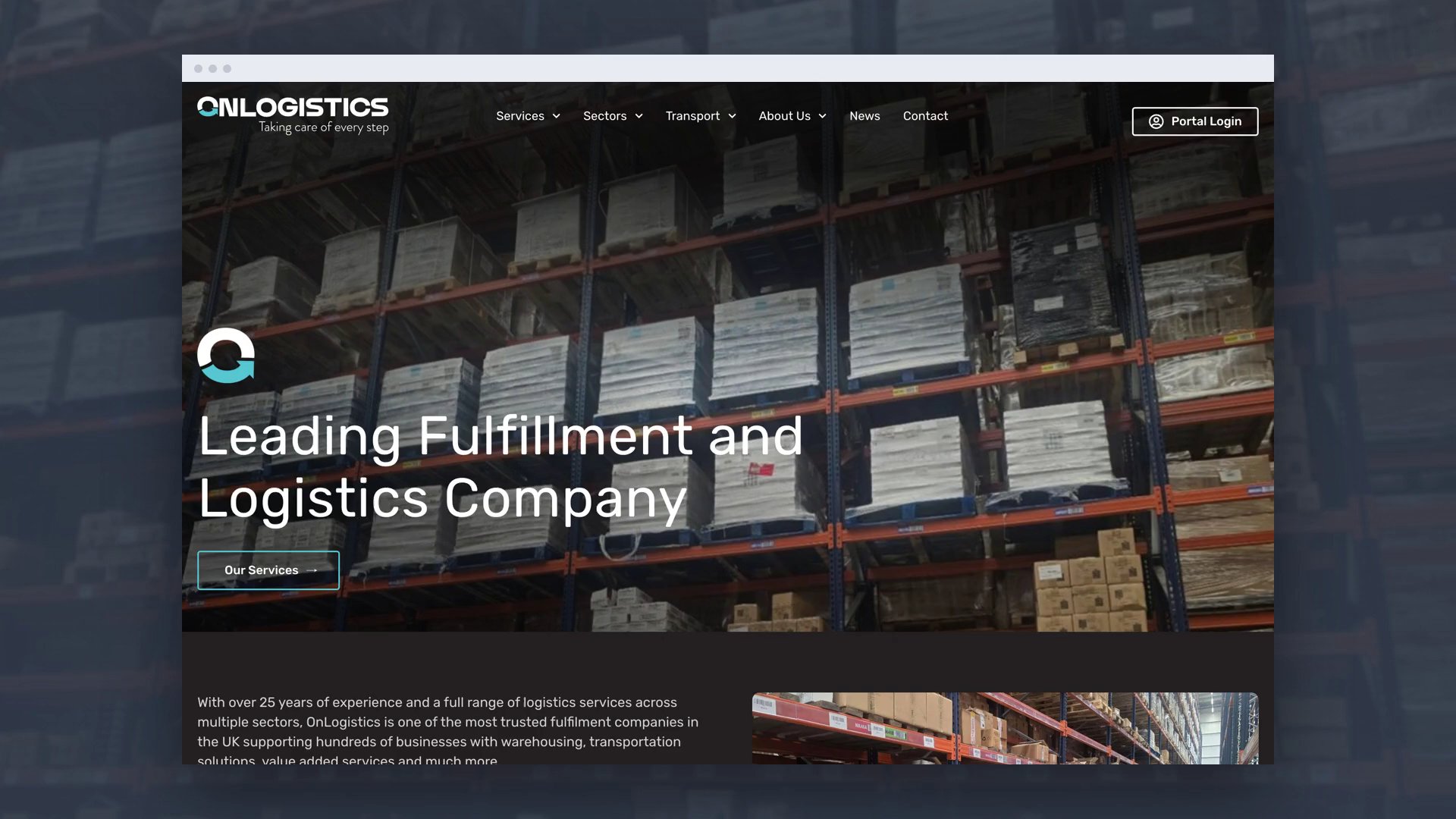 The live OnLogistics home page on desktop, with the headline Leading Fulfillment and Logistics Company over a warehouse photograph