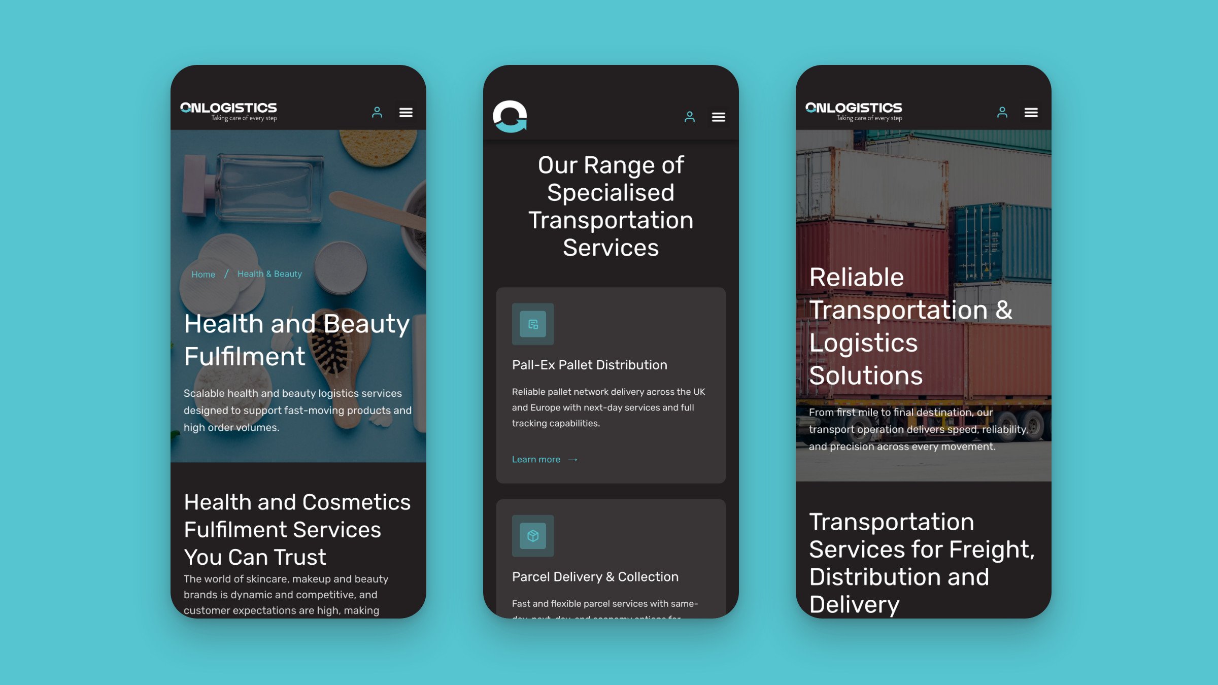 Live OnLogistics mobile screens: the Health and Beauty hero, the transport services cards and the Transport hero