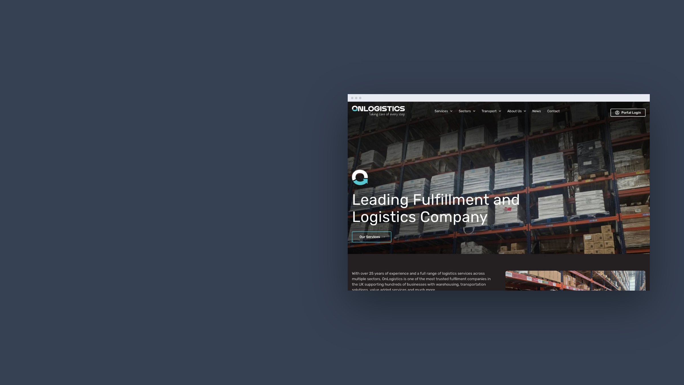 The live OnLogistics website, designed by S Evans Design and built in WordPress by WP Bees, on the brand's slate colour